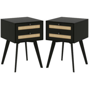 Boho Night Stands Set of 2, Bedside Tables with 2 Rattan Drawers, Square End Tables for Bedroom, Living Room