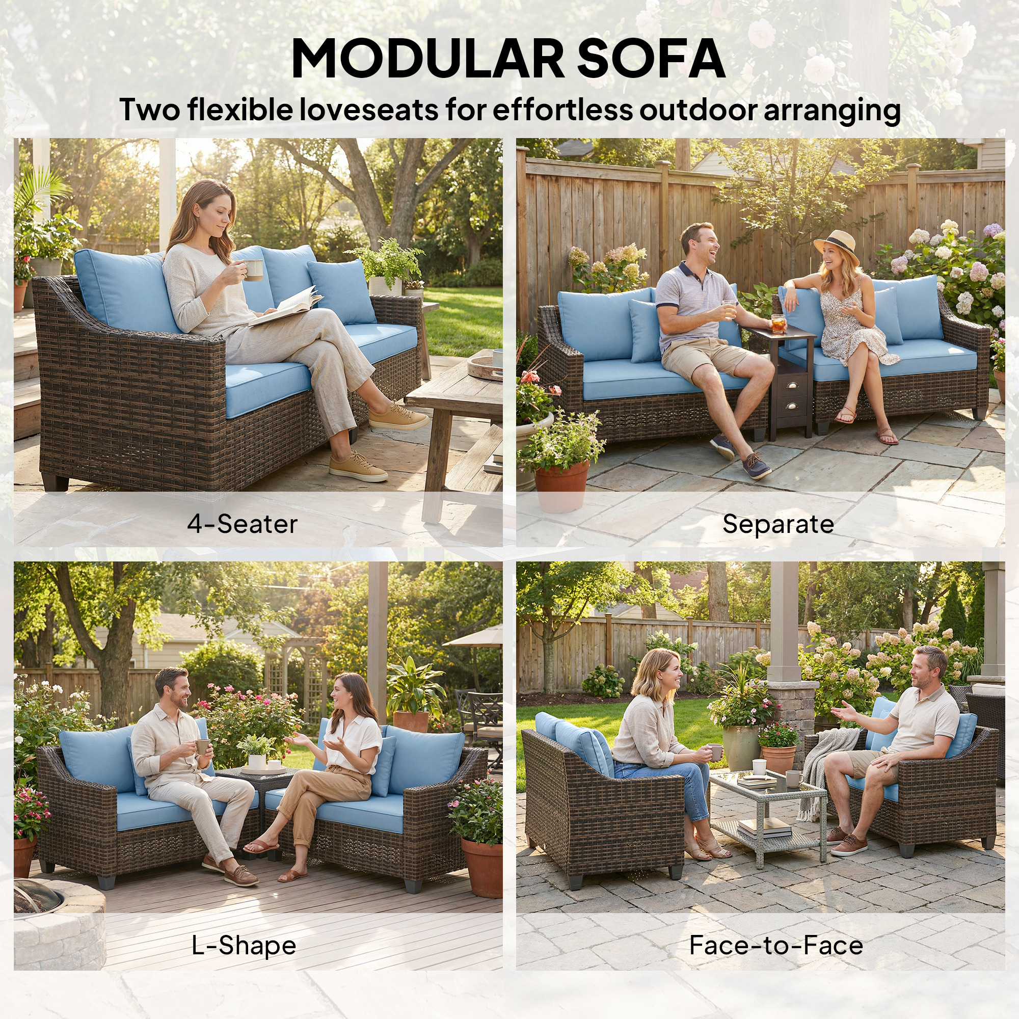 PE Wicker Outdoor Couch Sofa, 4-Seater Modular Patio Furniture Lounge Set with 2 Loveseats, Cushions, Pillows, Blue - Image 2