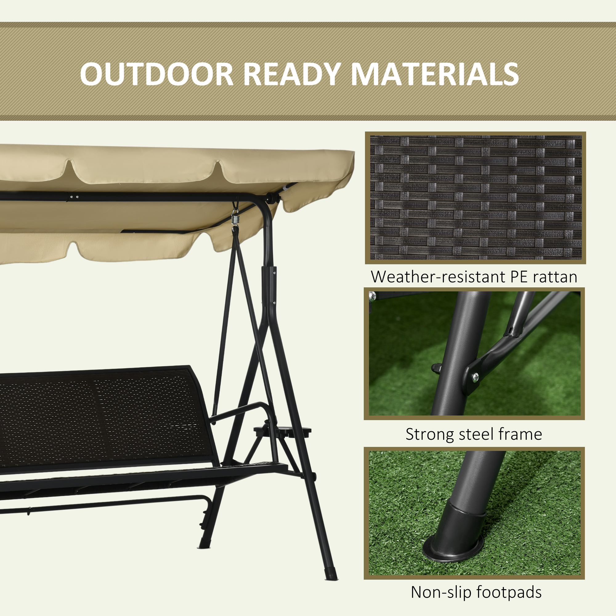 Outdoor 3-Seat Porch Swing with Canopy, Rattan Seat, Removable Cushion, Pillows and Steel Frame - Image 4