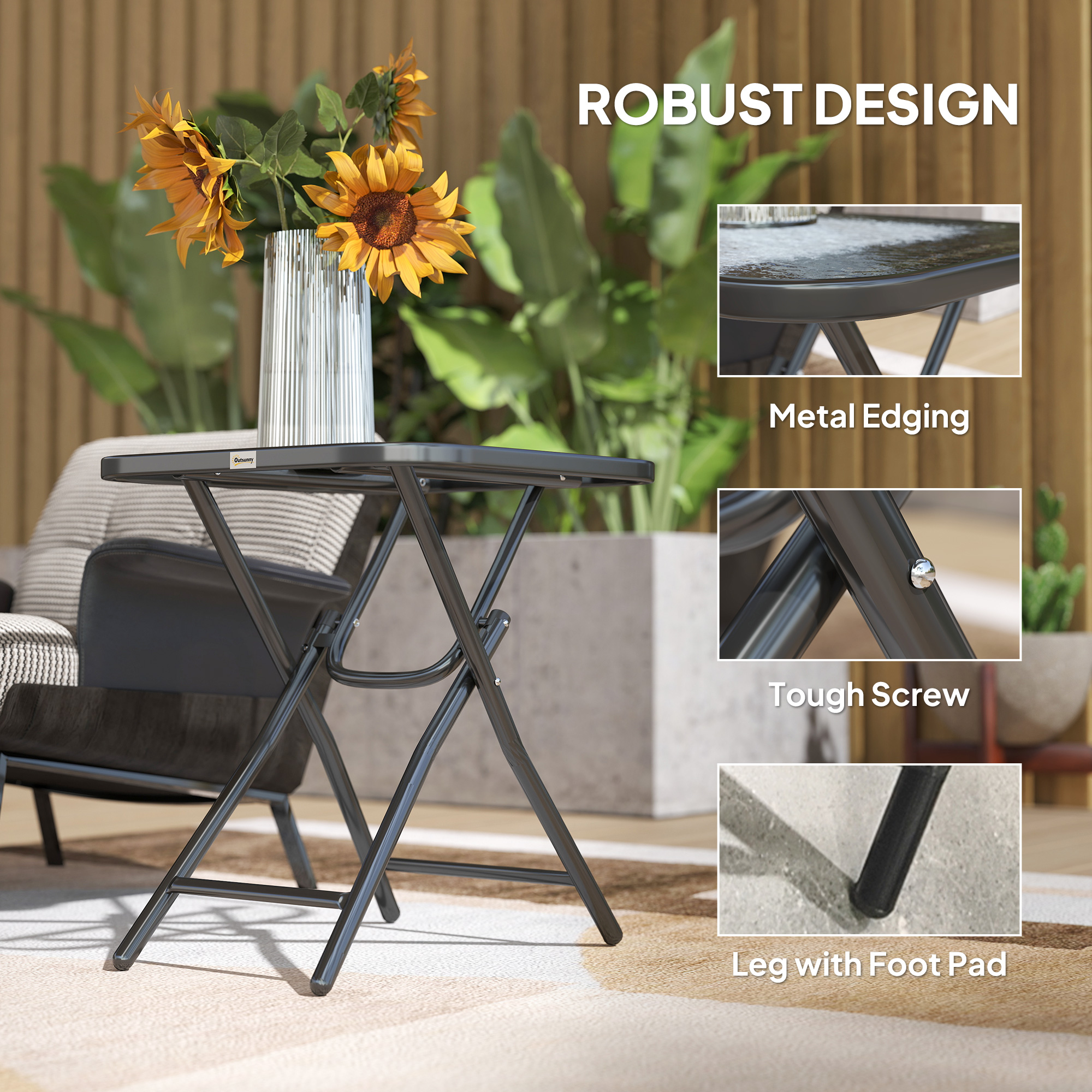 Patio Table, Folding Coffee Table with Tempered Glass Tabletop, Portable Bistro Table for Patio, Backyard - Image 5