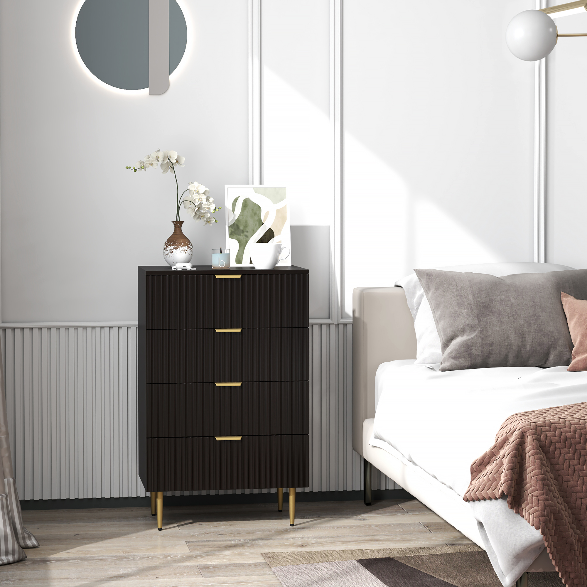 Modern Chest of Drawers 4 Drawer Dresser for Bedroom with Gold Legs and Handles, Black - Image 6