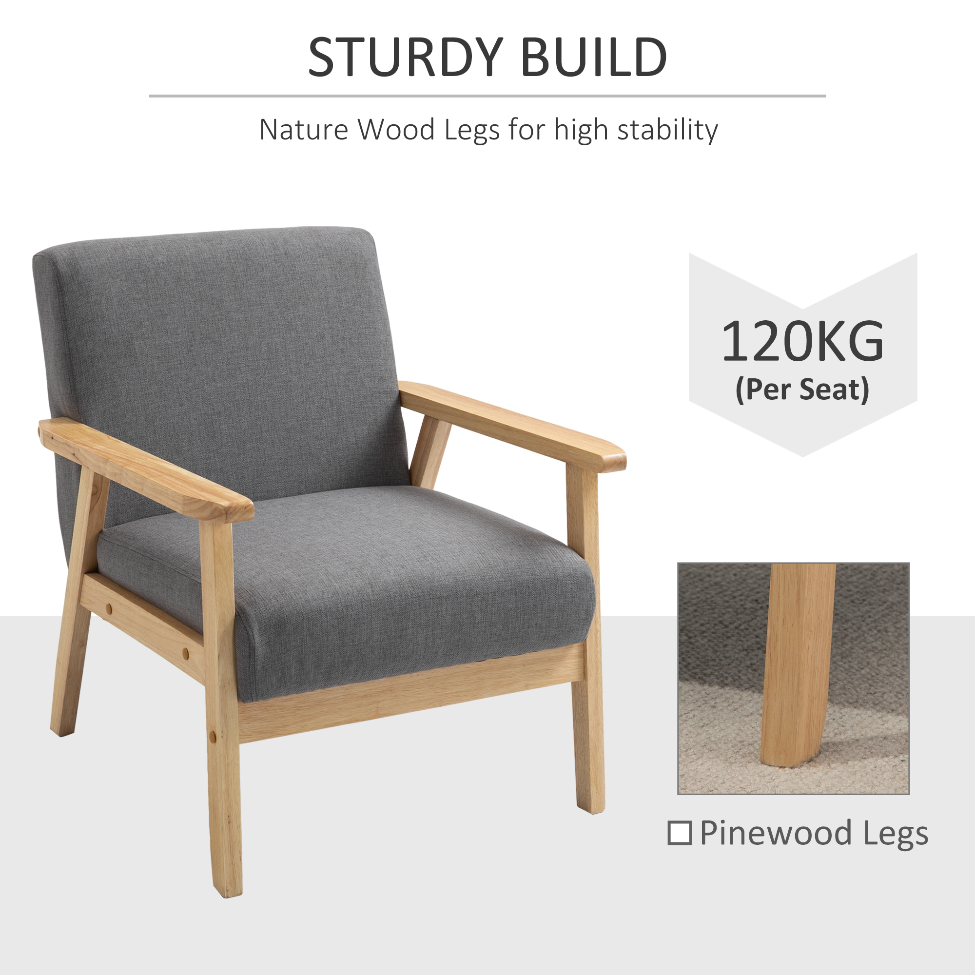 Minimalistic Accent Chairs Wood Frame w/ Thick Linen Cushions Wide Seat Armchair for Bedroom Office, Grey - Image 3