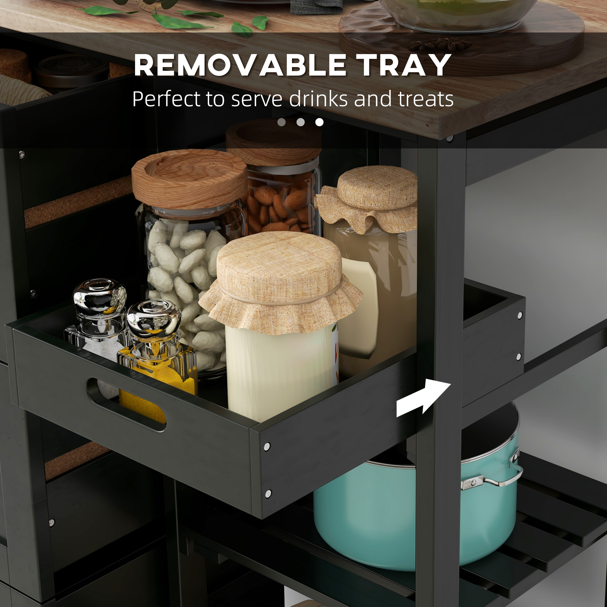 Kitchen Cart on Wheels, Rolling Kitchen Island Cart with Wood Top, 3 Drawers and Shelves for Home Dining Area, Black - Image 3