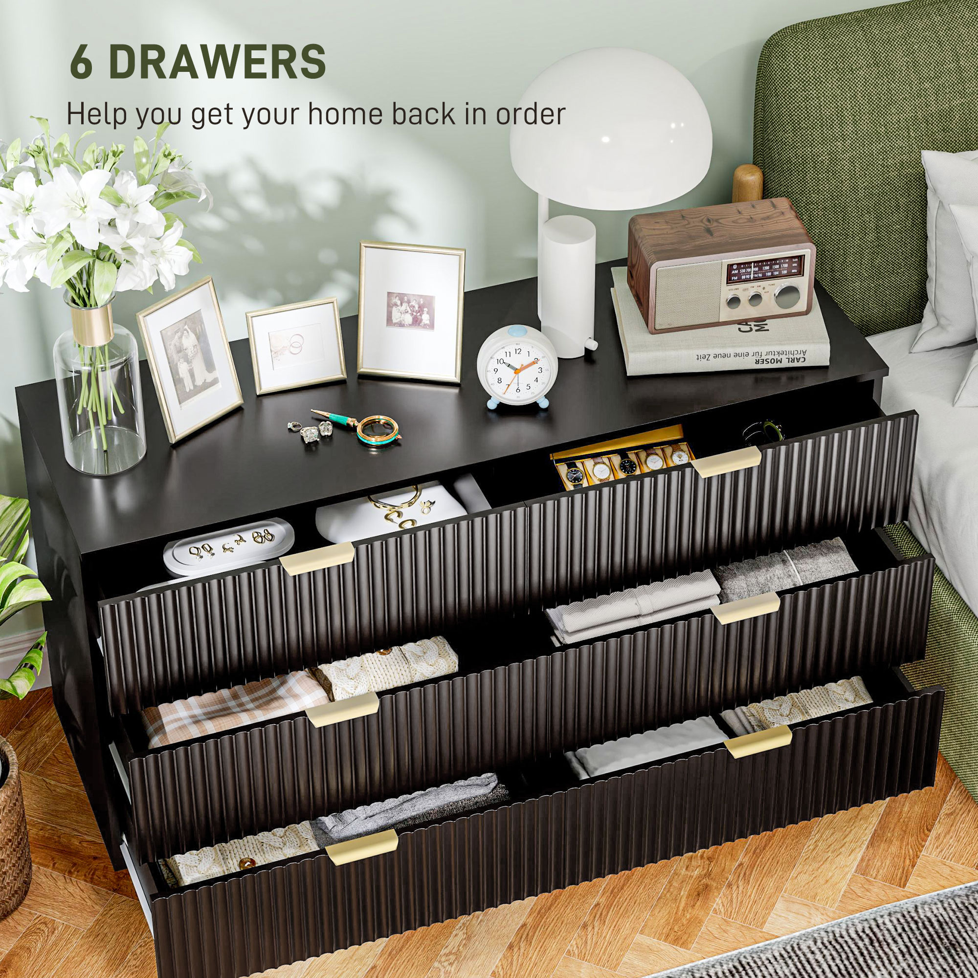 Modern Chest of Drawers 6 Drawer Dresser for Bedroom with Gold Legs and Handles, Black - Image 2