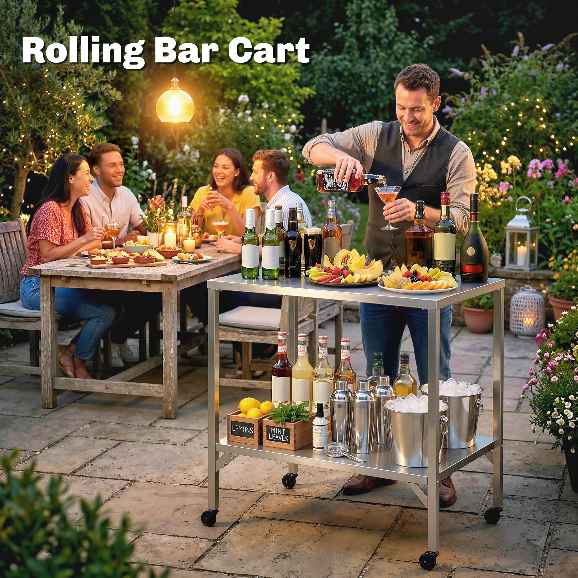 Outdoor Grill Cart with Stainless Steel Tabletop, Pizza Oven Stand with Shelf, Lockable Wheels, Rolling BBQ Table - Image 5