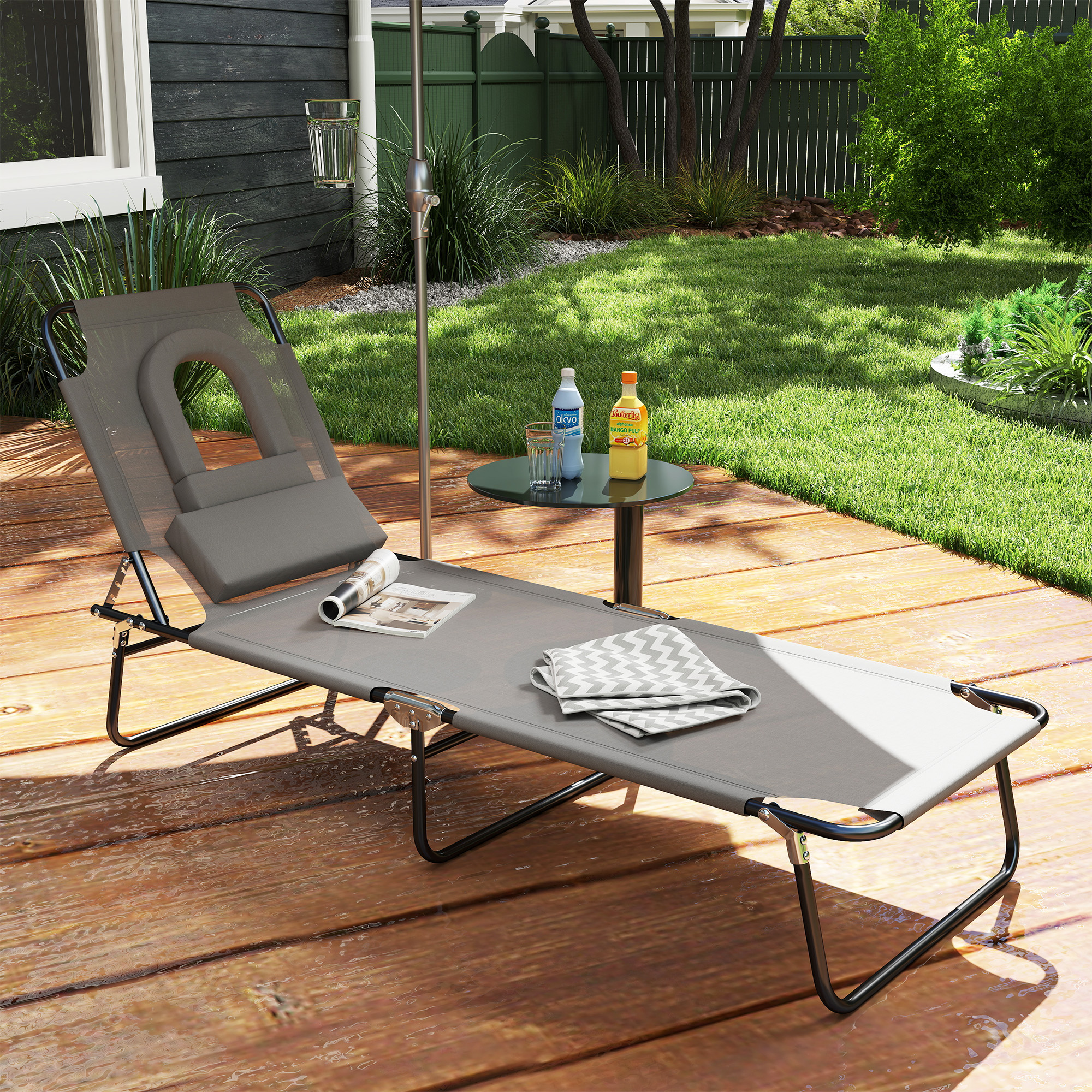 Adjustable Outdoor Lounge Chair, Garden Folding Chaise Lounge with Face Hole Reclining Tanning Chair Seat, Folding Camping Beach Lounging Bed w/ Support Pillow, Grey - Image 6