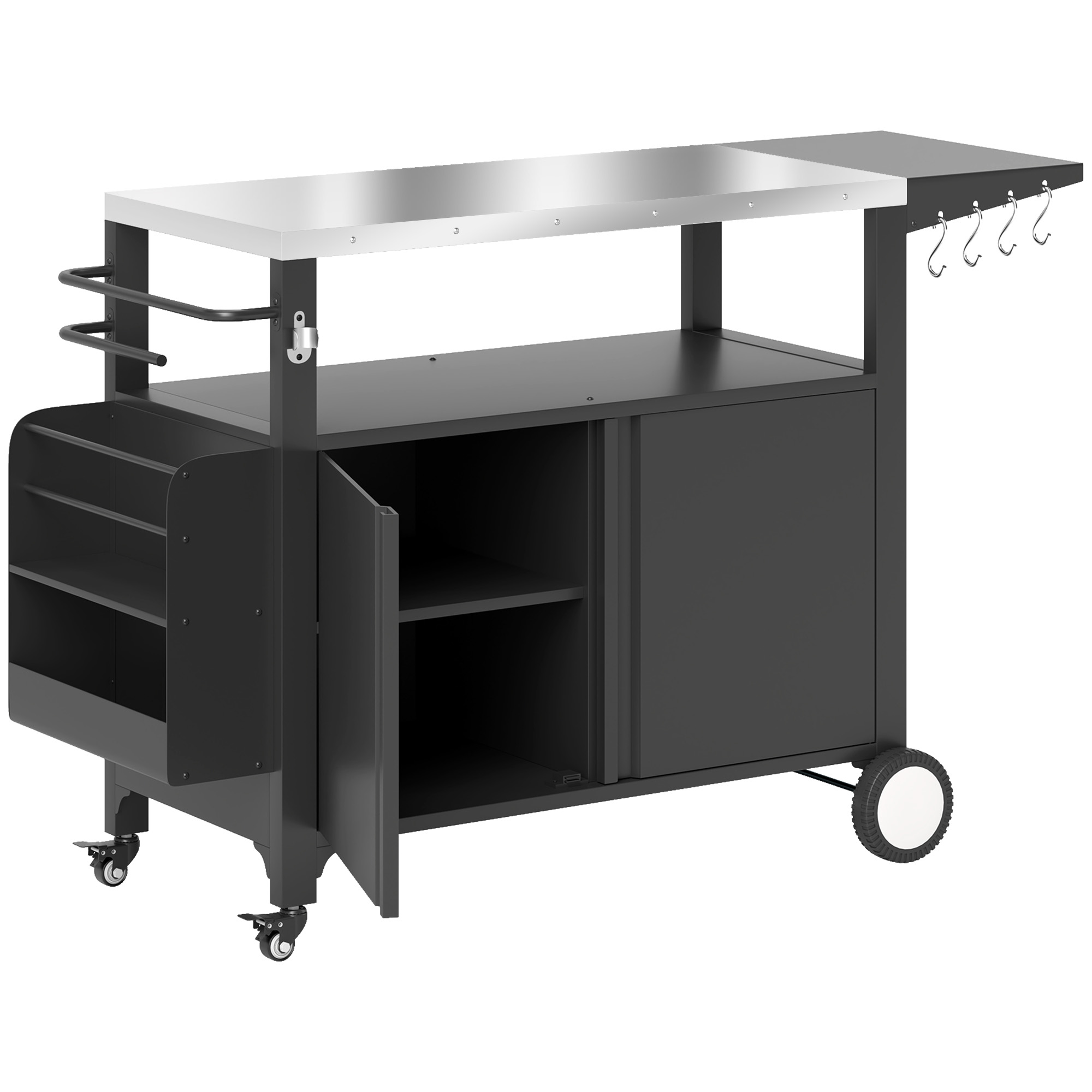 Outdoor Grill Cart with Foldable Side Table, Stainless Steel Tabletop, Pizza Oven Stand with Storage Rack, Wheels