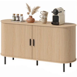 Fluted Sideboard Buffet Cabinet, 55" Mid Century Coffee Bar Cabinet with Sliding Doors and Adjustable Shelves, Natural
