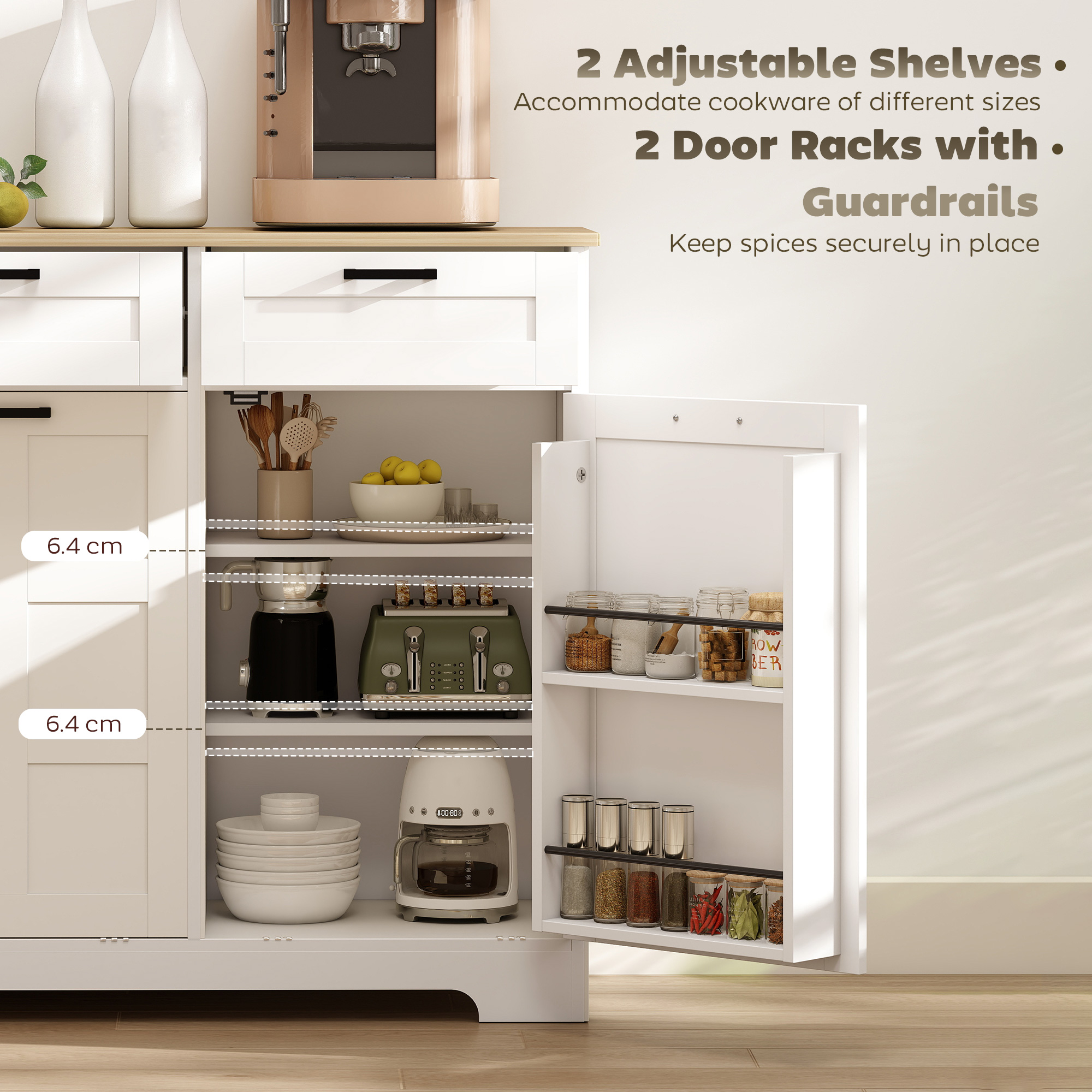 13 Gallon Tilt Out Garbage Cabinet, Kitchen Island with Trash Cabinet, 2 Drawers, Door Racks, Adjustable Shelves, White - Image 4