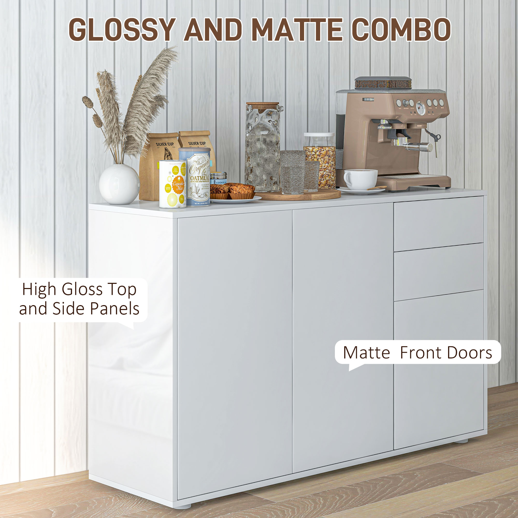 Kitchen Sideboard Storage Cabinet, Modern Coffee Bar with Push-Open Design and 2 Drawers for Living Room, White - Image 3