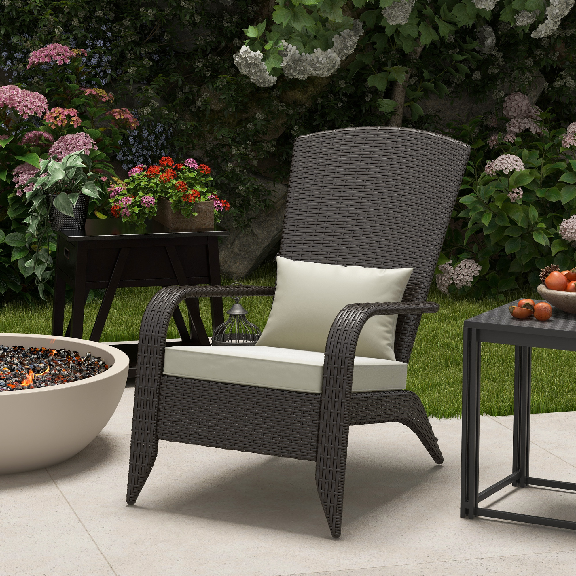 Patio Wicker Adirondack Chair, Outdoor Rattan Muskoka Chair with Cushions for Patio, Garden, Backyard Khaki - Image 6