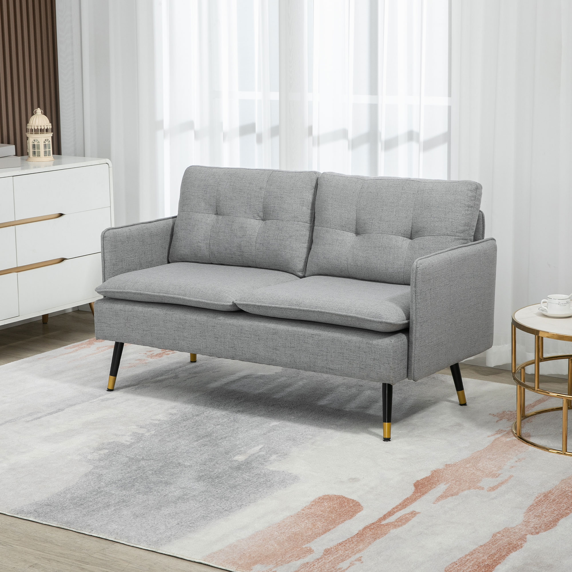 55" Loveseat Sofa, Linen Love Seat w/ S spring, Steel Legs and Button Tufting, Small Couch for Living Room, Grey - Image 6