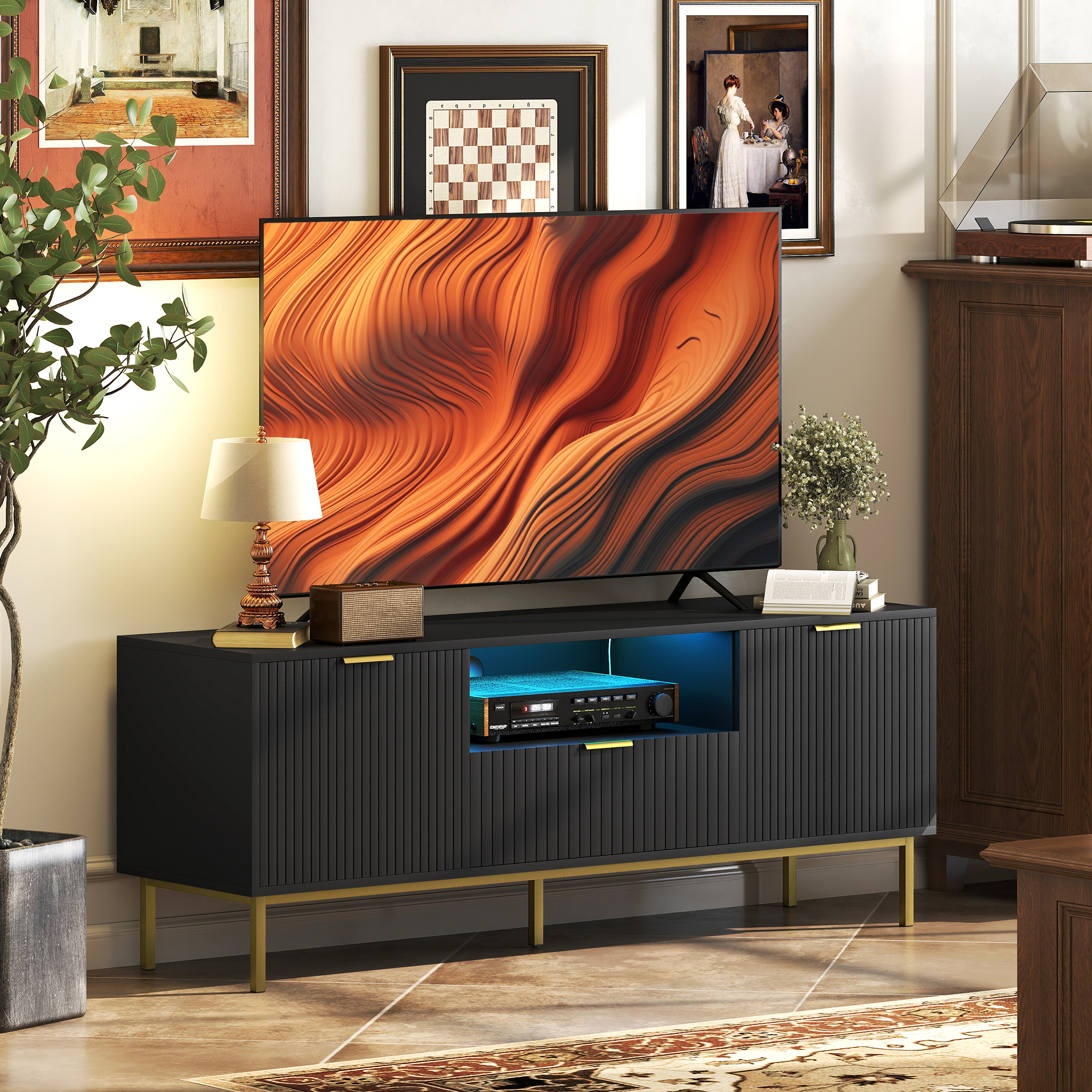 Modern TV Console for TVs up to 60 Inch, Entertainment Center with Smart RGB LED Lights and Soft Close Doors, Black - Image 6