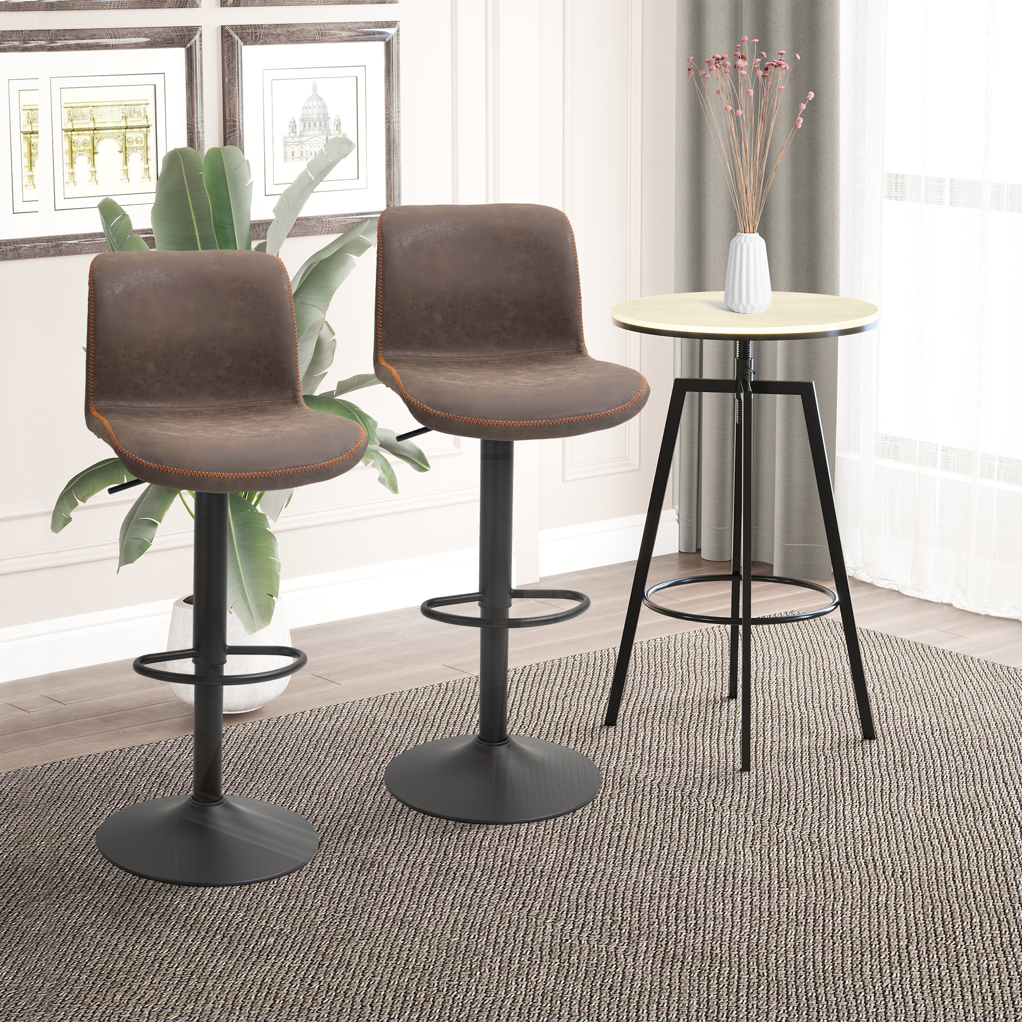 Bar Stools Set of 2, Swivel Counter Height Bar Stools with Adjustable Height and Footrest, PU Leather Upholstered Kitchen Stool for Breakfast Bar, Brown - Image 6