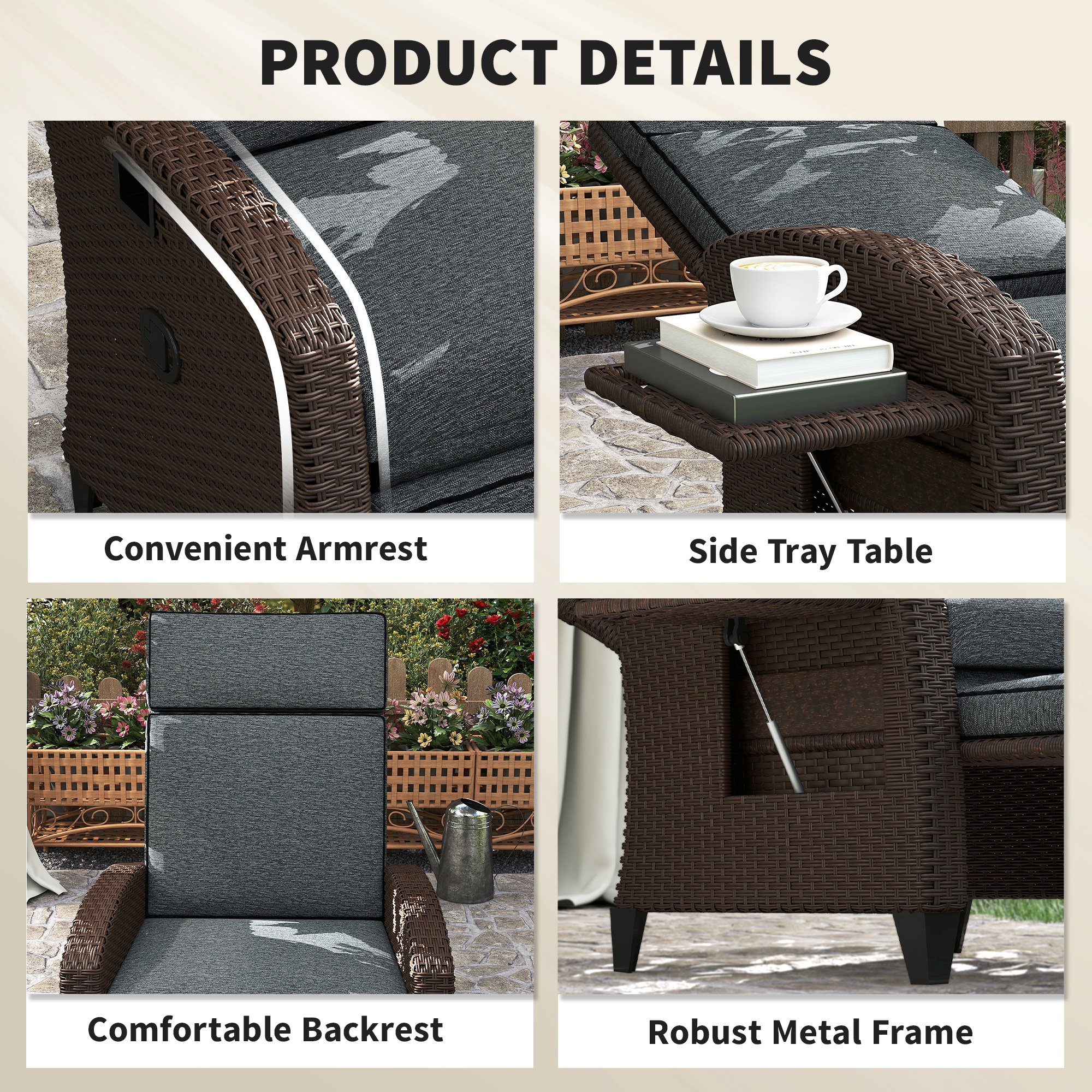 Outdoor Recliner Chair with Adjustable Backrest, Cushion, Side Tray, Dark Grey - Image 4