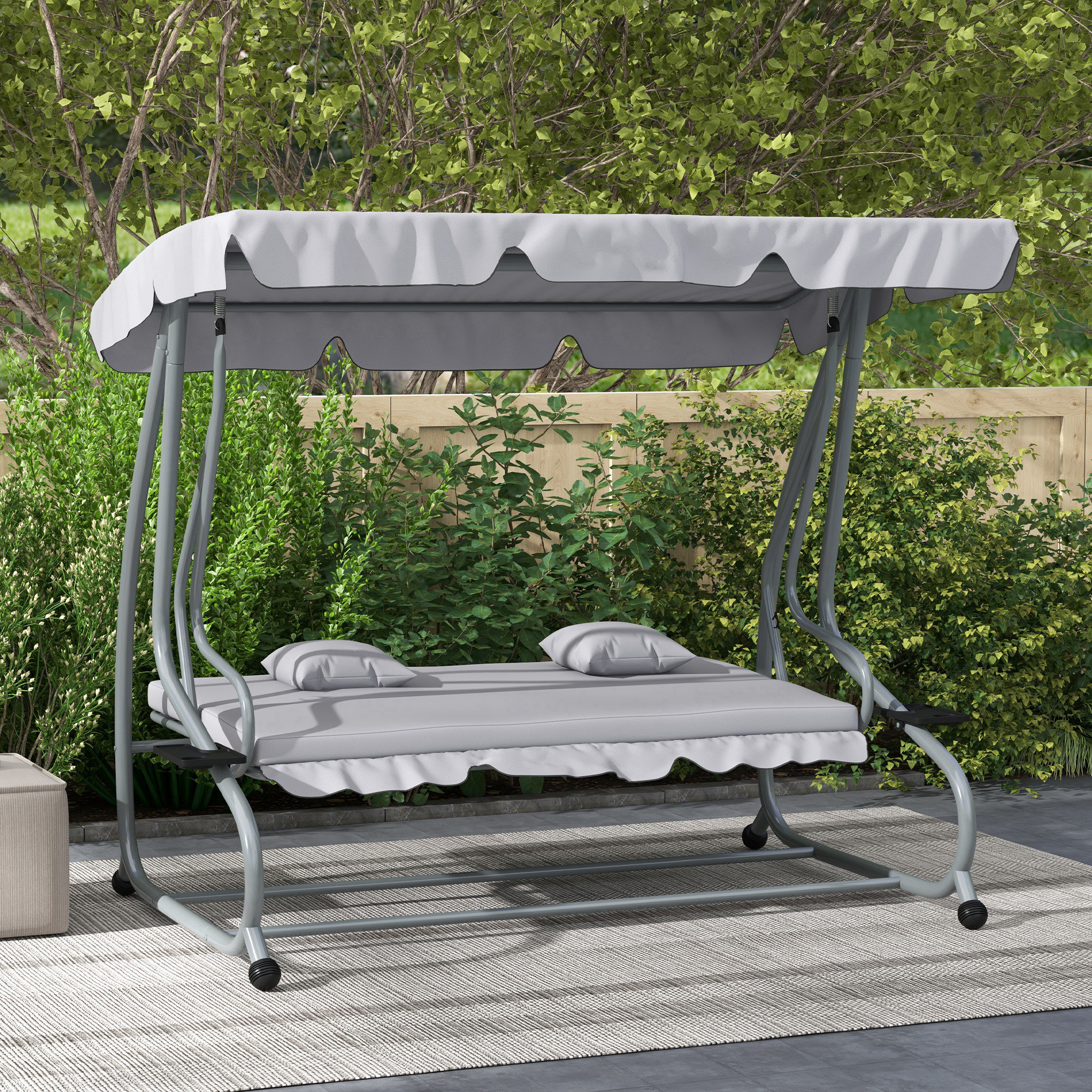 Outdoor 3-Seater Patio Swing Chair, Outdoor Swing Seat, with Adjustable Canopy and Two Pillows for Garden, Light Grey - Image 6