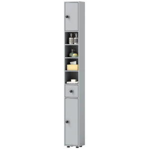 71" Tall Bathroom Cabinet, Narrow Toilet Paper Cabinet with Open Shelves, 2 Door Cabinets, Adjustable Shelves, Grey