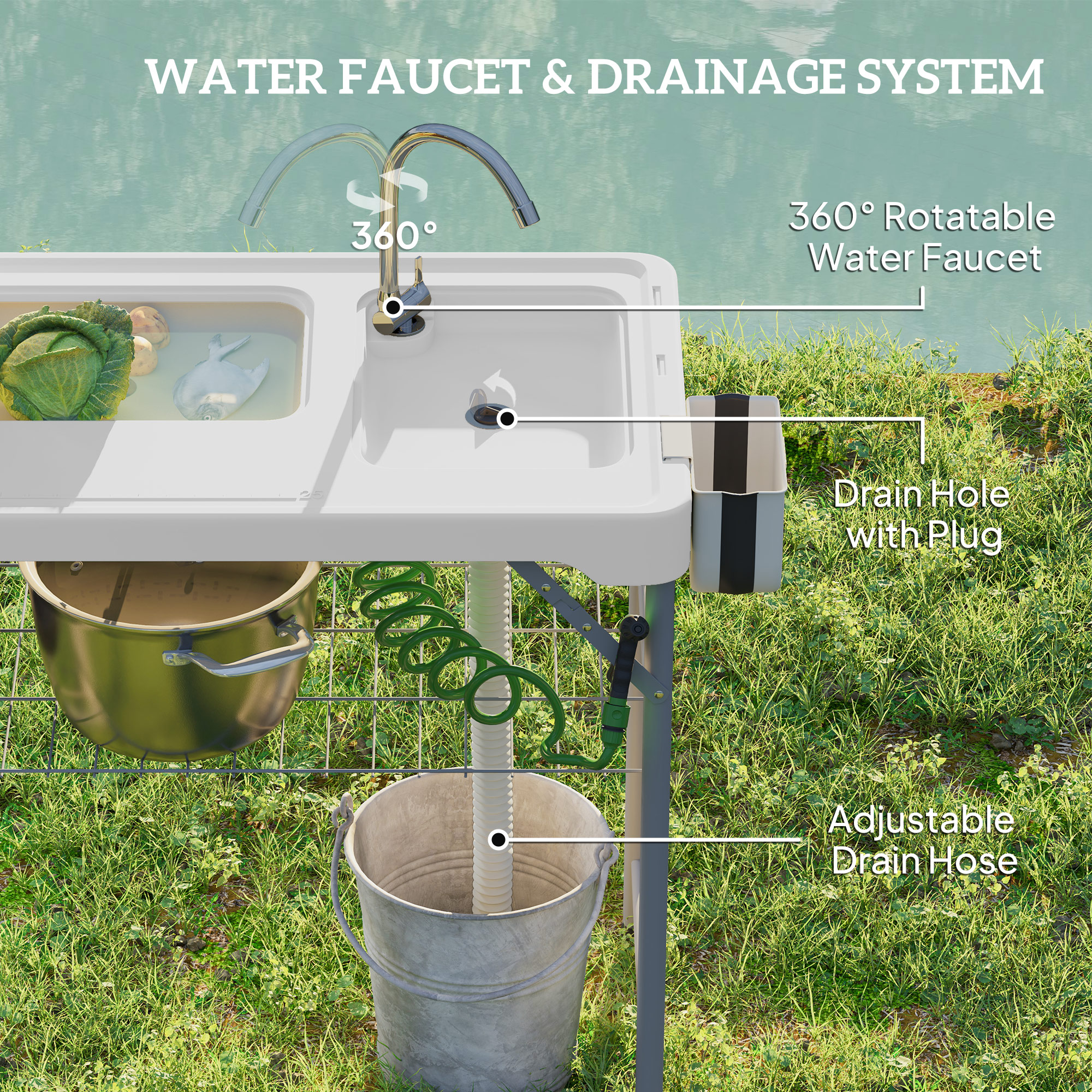 Folding Fish Cleaning Table with Sinks, Camping Sink with Faucet Drainage Hose Sprayer Shelf Drawer Storage Basket, Outdoor Sink Station for Beach Patio Picnic, White - Image 2