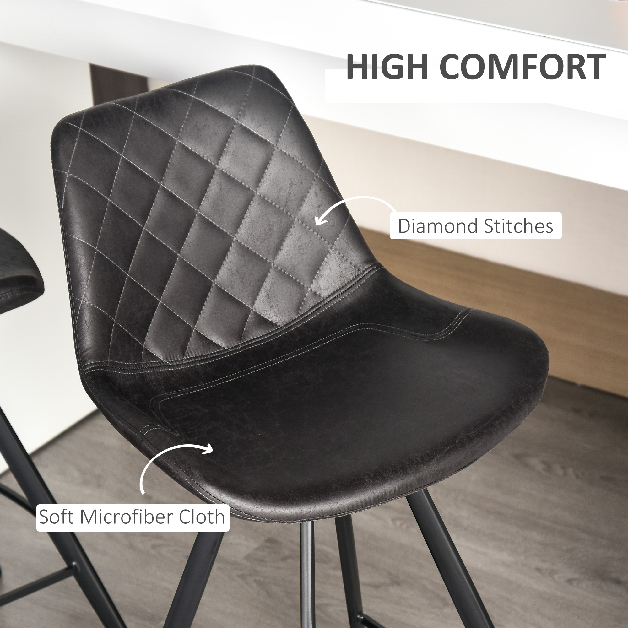 Set of 2 Microfiber Cloth Bar Stools, Multi-functional Kitchen Stools, Bar Chair with Metal Leg Padded Cushion Seat for Dining, Black - Image 3
