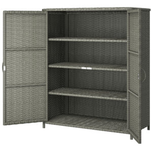 Wicker Outdoor Storage Cabinet, Pool Storage Organizer with 4 Shelves and 2 Doors for Garden, Backyard, Dark Grey