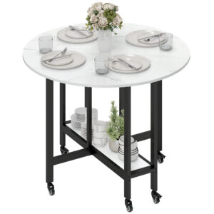 Folding Dining Table, Drop Leaf Table with Open Shelf, Rolling Kitchen Table for Dining Room, Small Spaces, White Marble