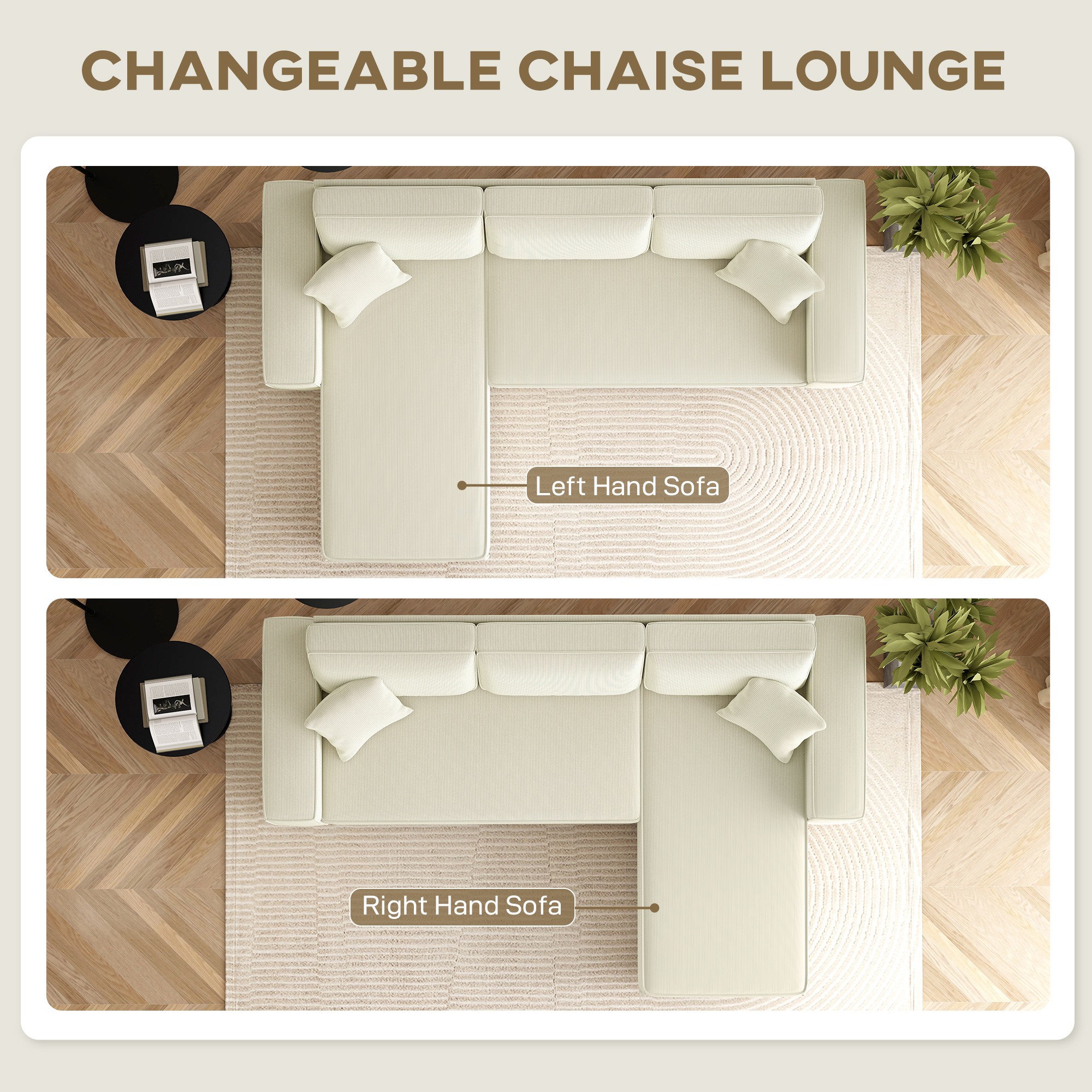 Corner Sofa with Changeable Chaise, Corduroy L-Shaped Sectional Sofa with Pocket Spring, 2 Pillows, Cream White - Image 2