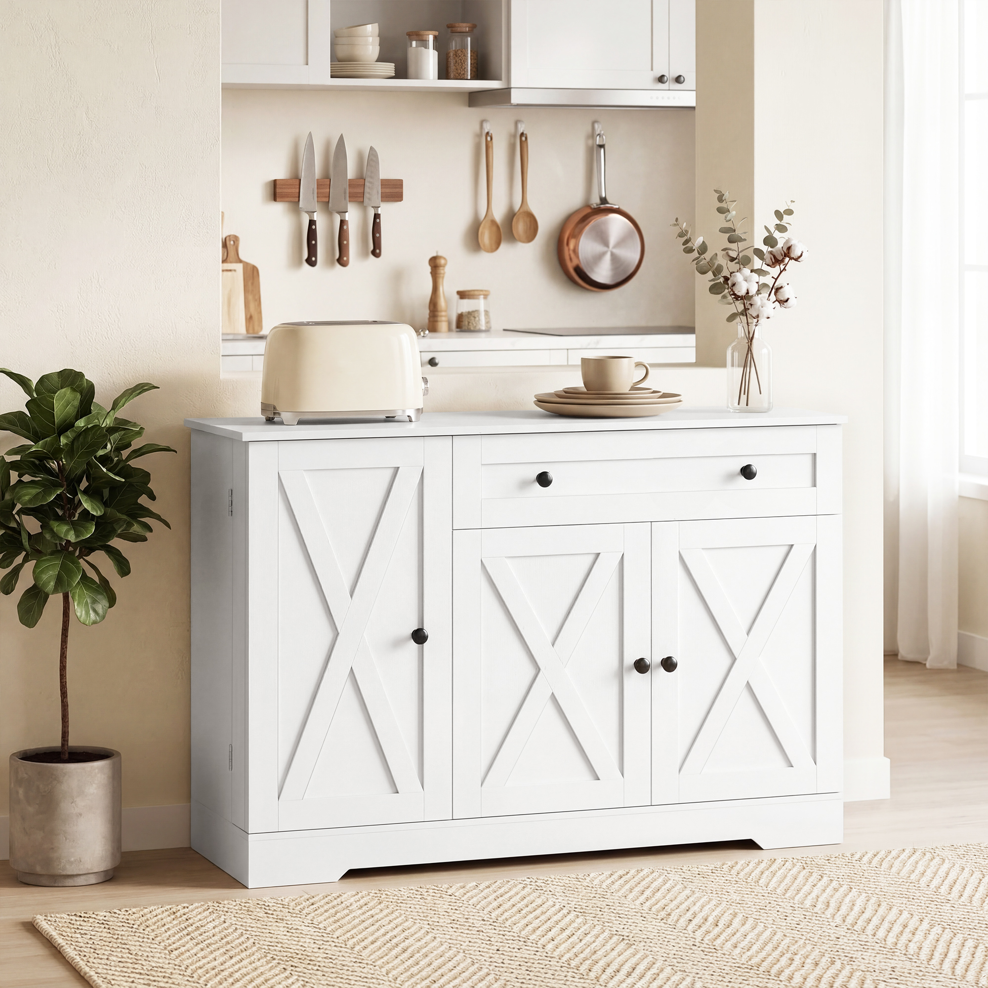 Sideboard Buffet Cabinet, Farmhouse Coffee Bar Cabinet with Door Shelves, Adjustable Shelves, Drawer, Barn Doors, White - Image 6