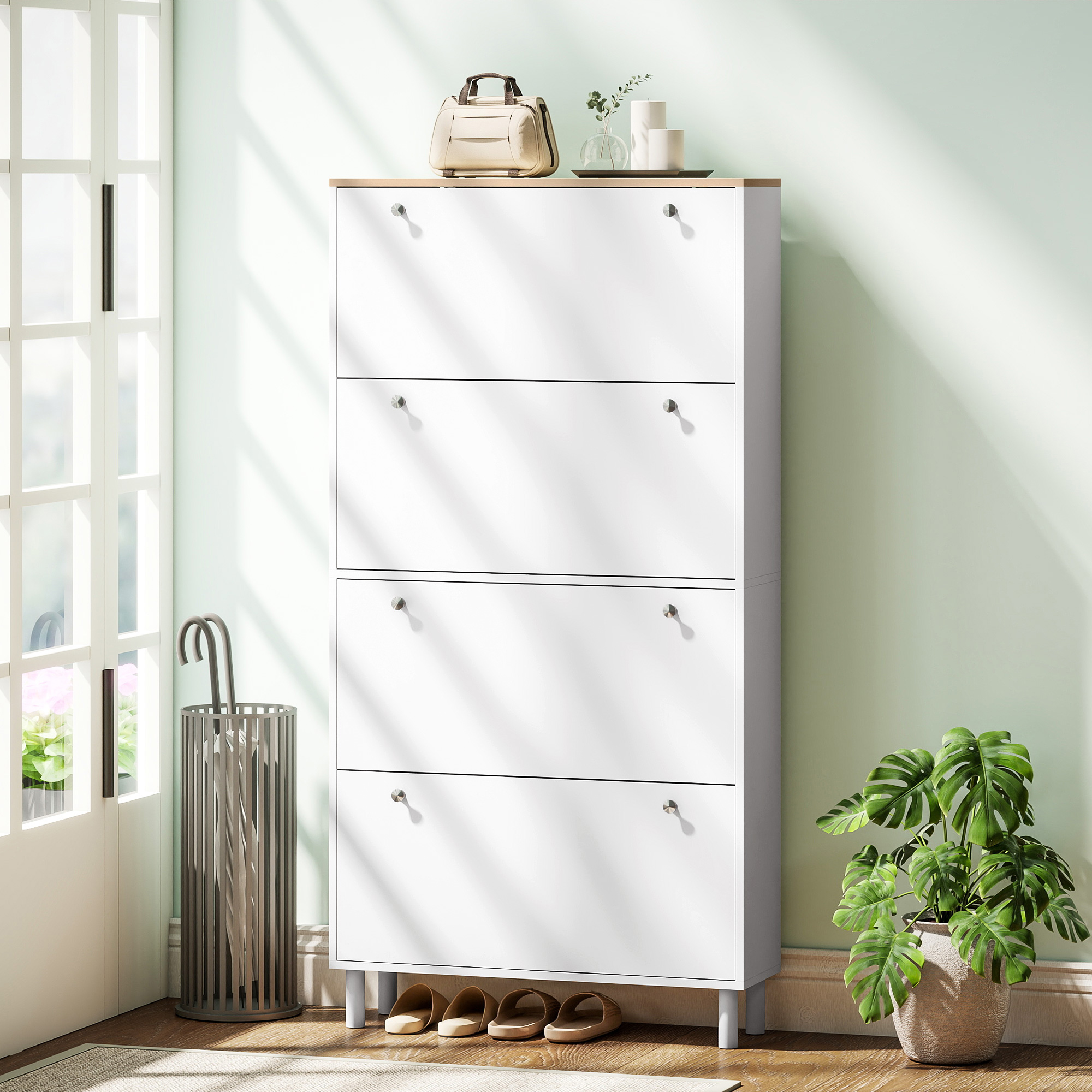 Narrow Shoe Cabinet with 4 Flip Drawers, Shoe Storage Cabinet with Adjustable Shelves, Holds 24–32 Pairs, White - Image 6
