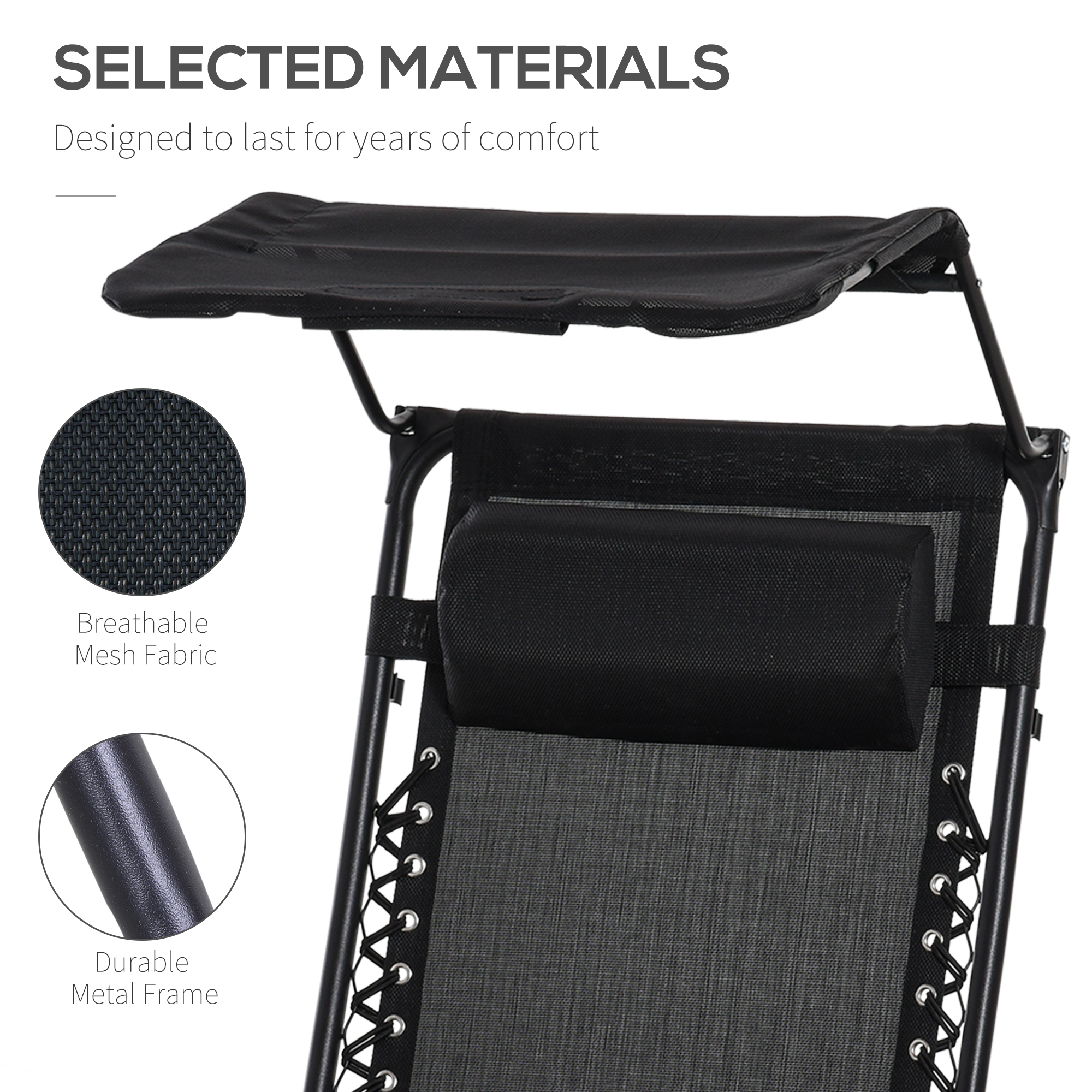 Outdoor Zero Gravity Reclining Lounger Chair with Canopy Shade, Side Tray, Cupholder, Black - Image 3