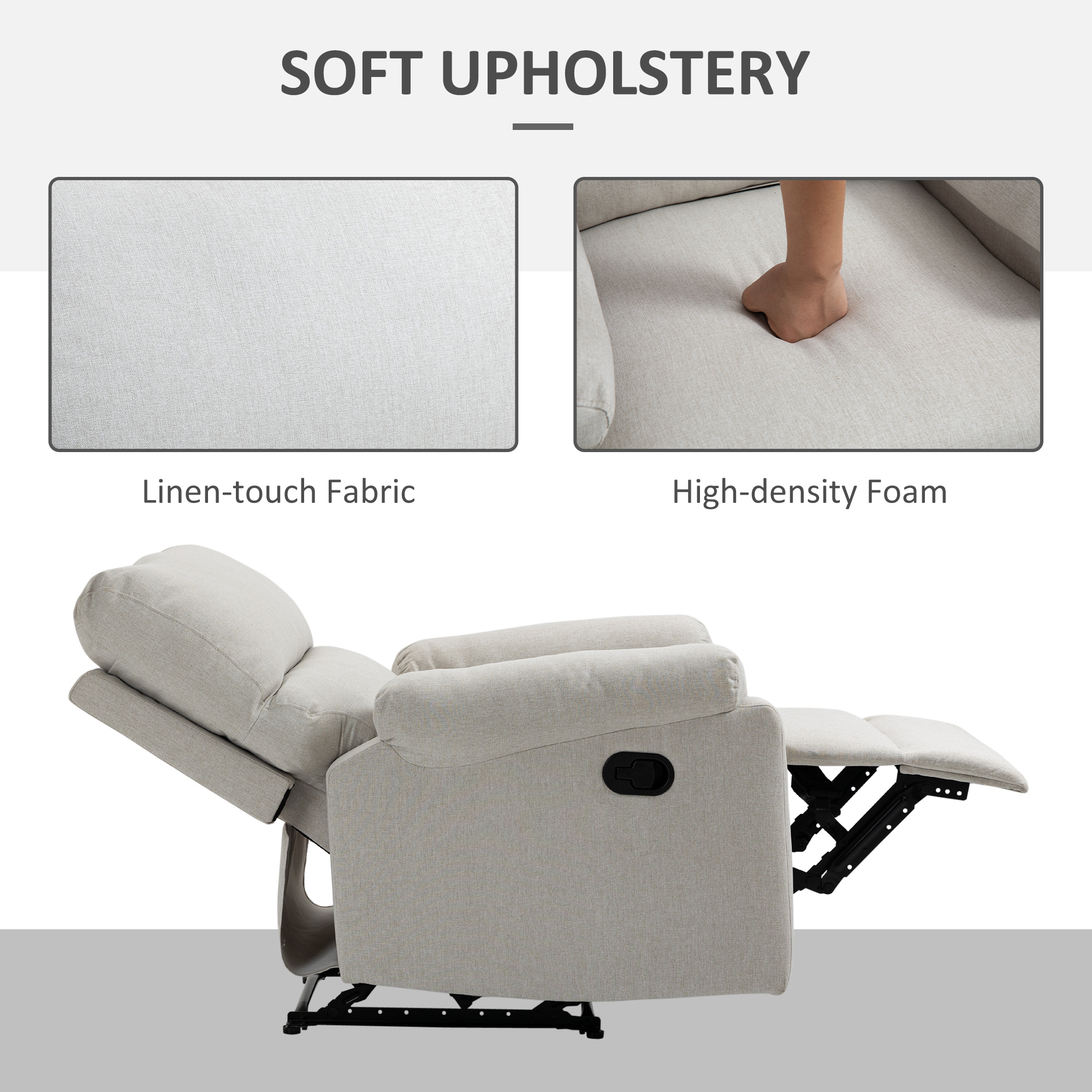Recliner Chair, Manual Reclining Chair with Footrest, Padded Seat for Living Room, Bedroom, Study, Cream White - Image 3