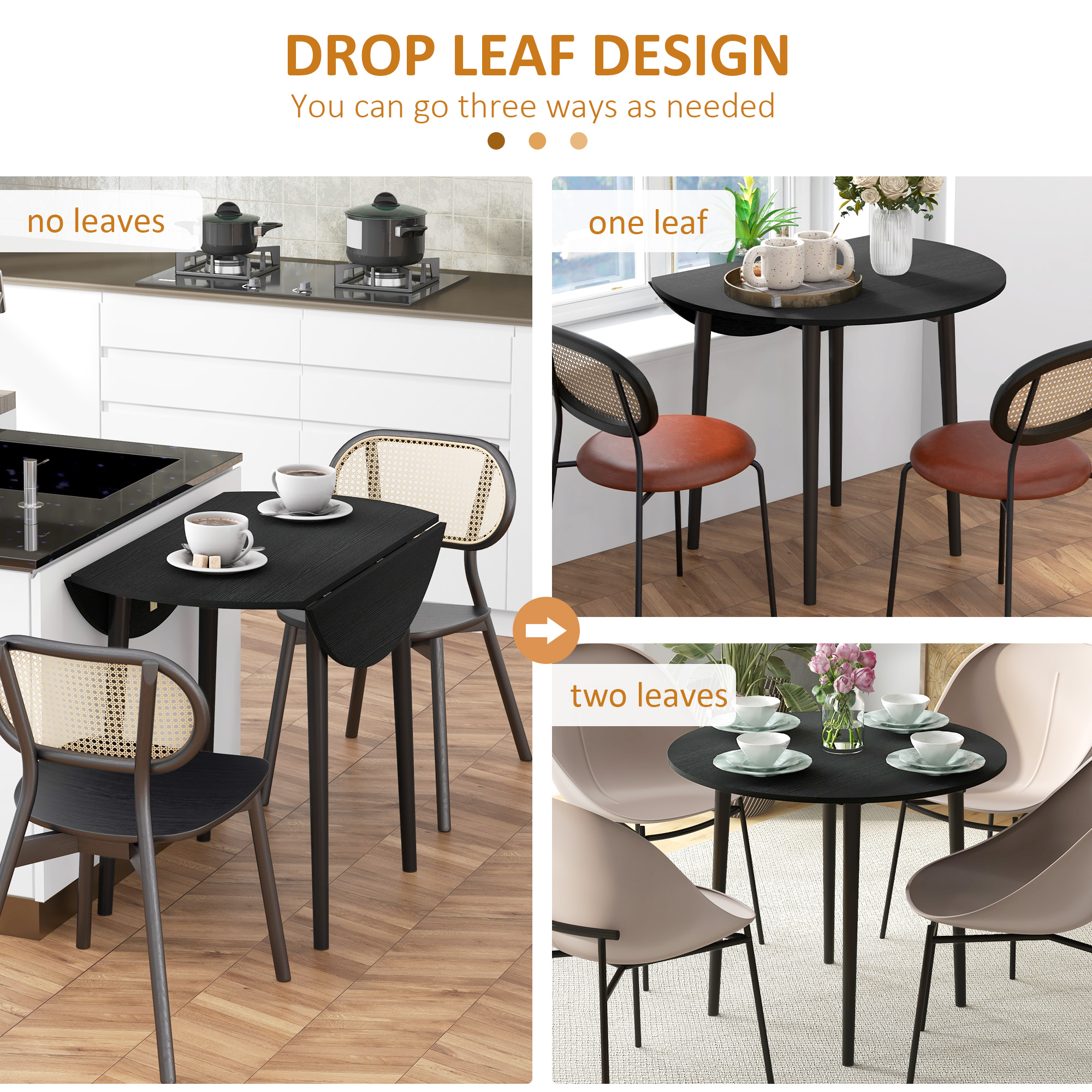 Folding Dining Table, Round Drop Leaf Kitchen Table for Small Spaces with Wood Legs, Distressed Black - Image 2
