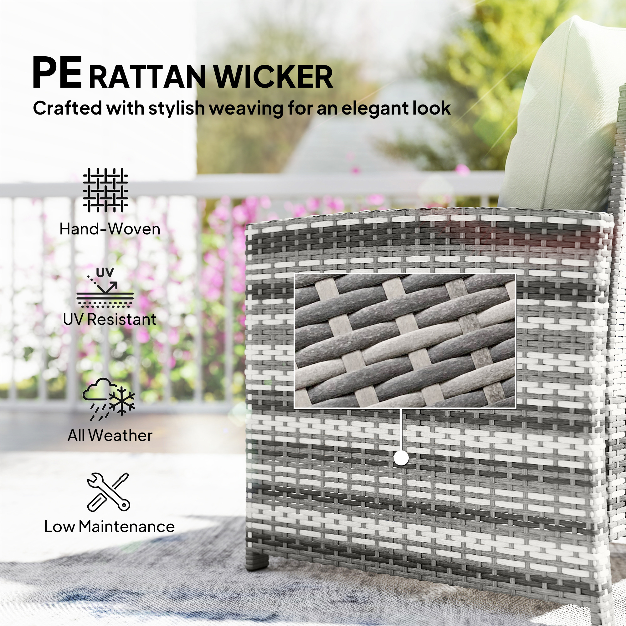 5 Piece Patio Furniture Set, Wicker Patio Chairs with Ottomans, 2-Tier Glass Coffee Table and Cushions, Grey/Cream White - Image 4