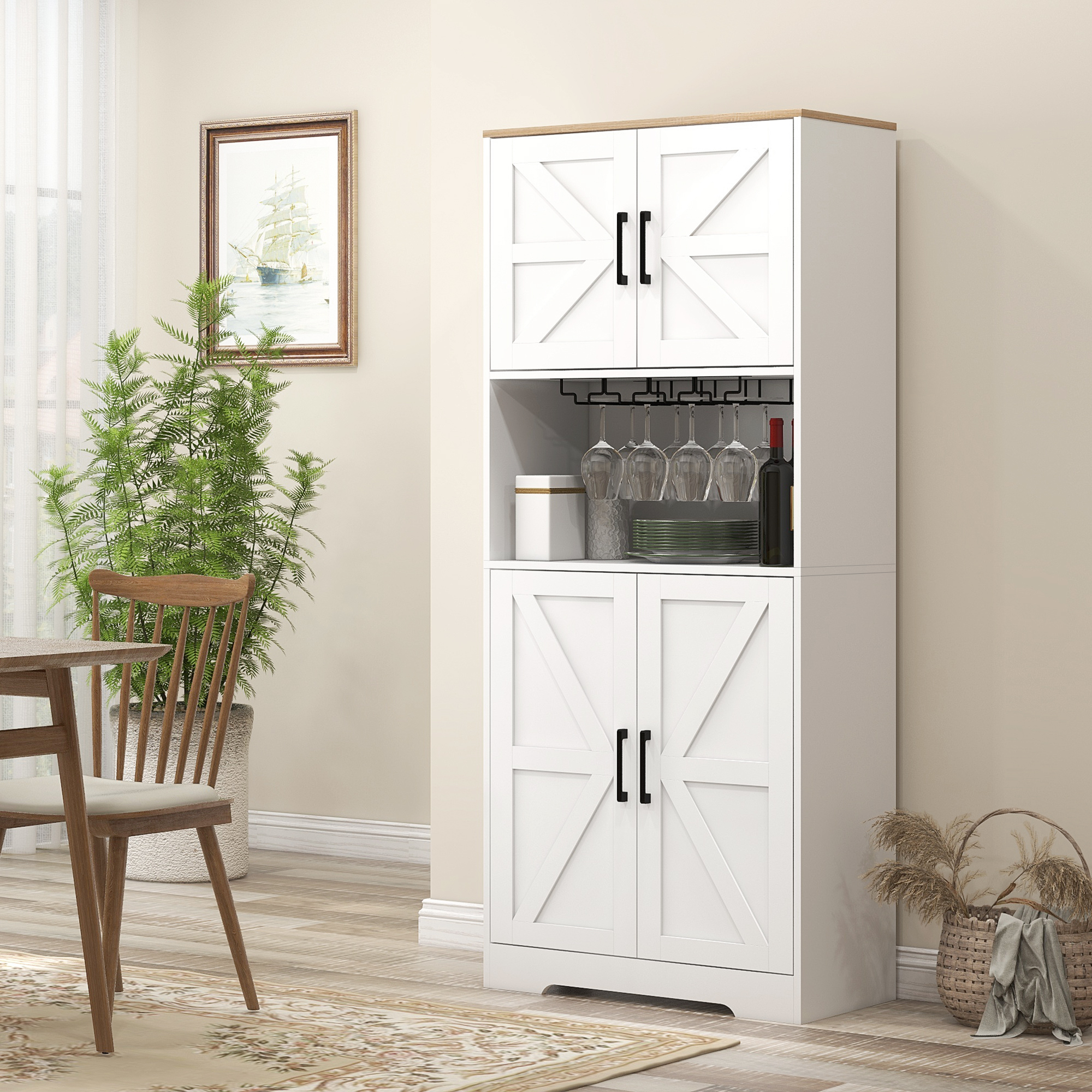 Farmhouse Kitchen Pantry, 68" Freestanding Hutch Storage Cabinet with Microwave Oven Countertop, White - Image 6