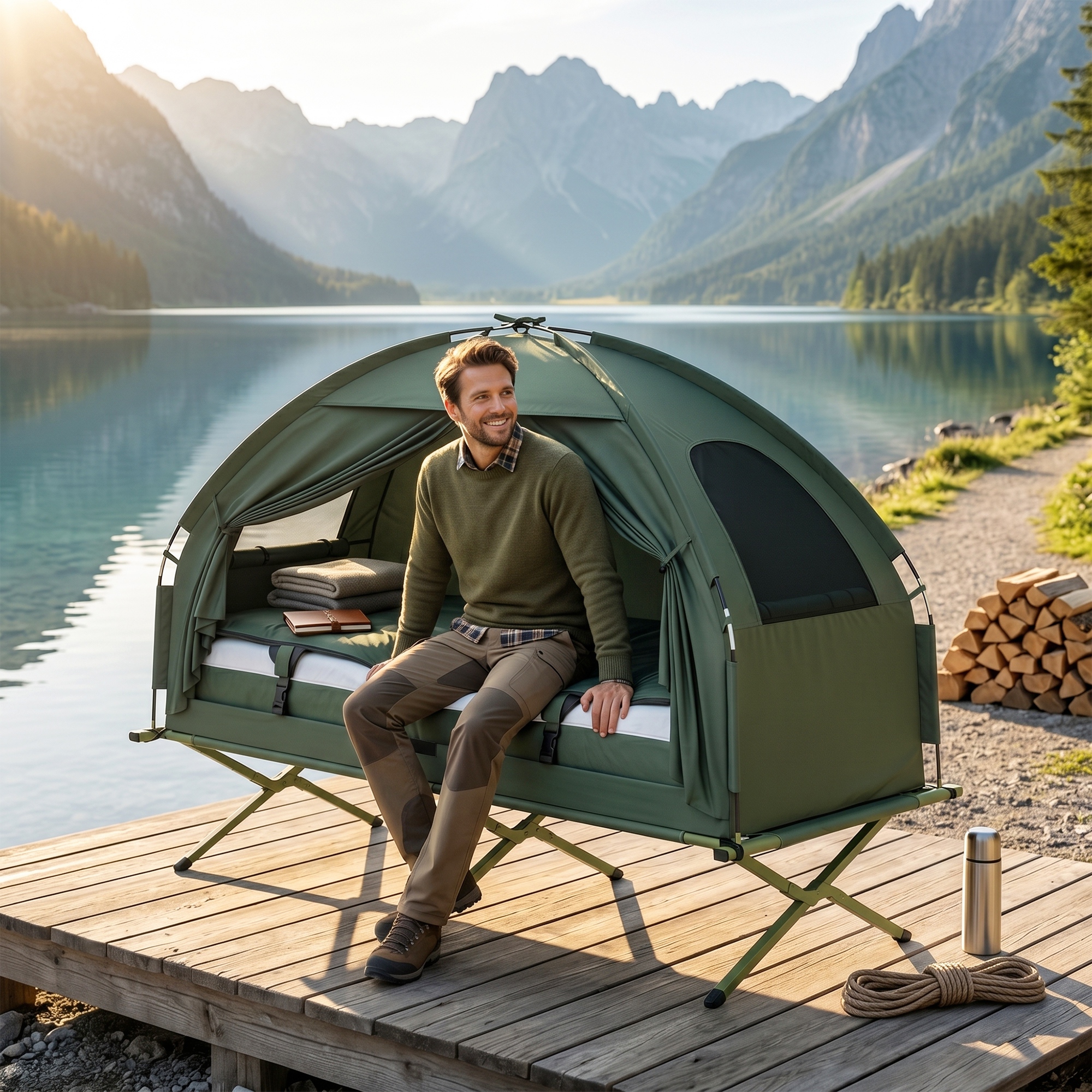 4-in-1 Camping Cot Tent, 1-Person Off-Ground Bed with Air Mattress, Sleeping Bag & Pillow, Elevated Camping Shelter for Adults - Image 6