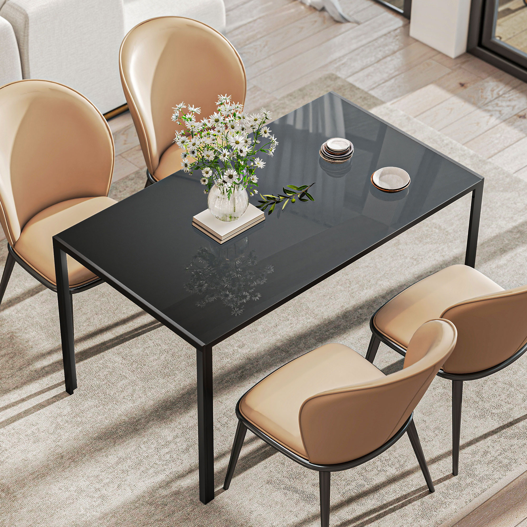 Rectangular Kitchen Table for 4 People, Dining Table with Tabletop Tempered Glass for Dining Room, Living Room, Black - Image 5