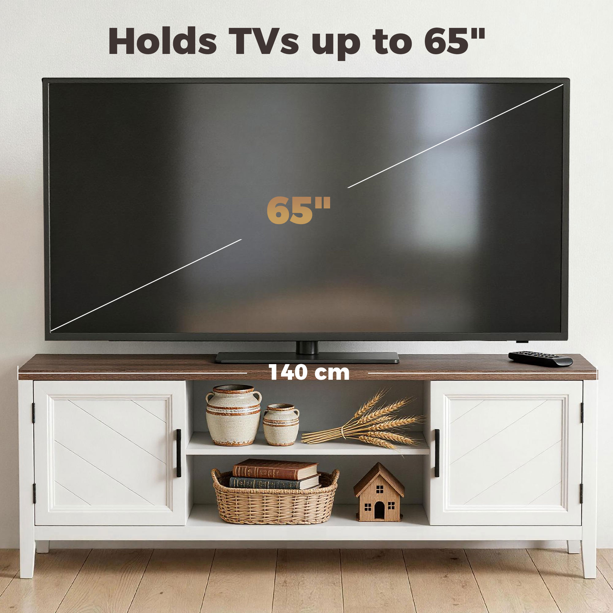 TV Stand for TVs up to 65 Inch, Entertainment Center with 2 Open Shelves, 2 Cabinets, Thick Top, White and Brown - Image 5