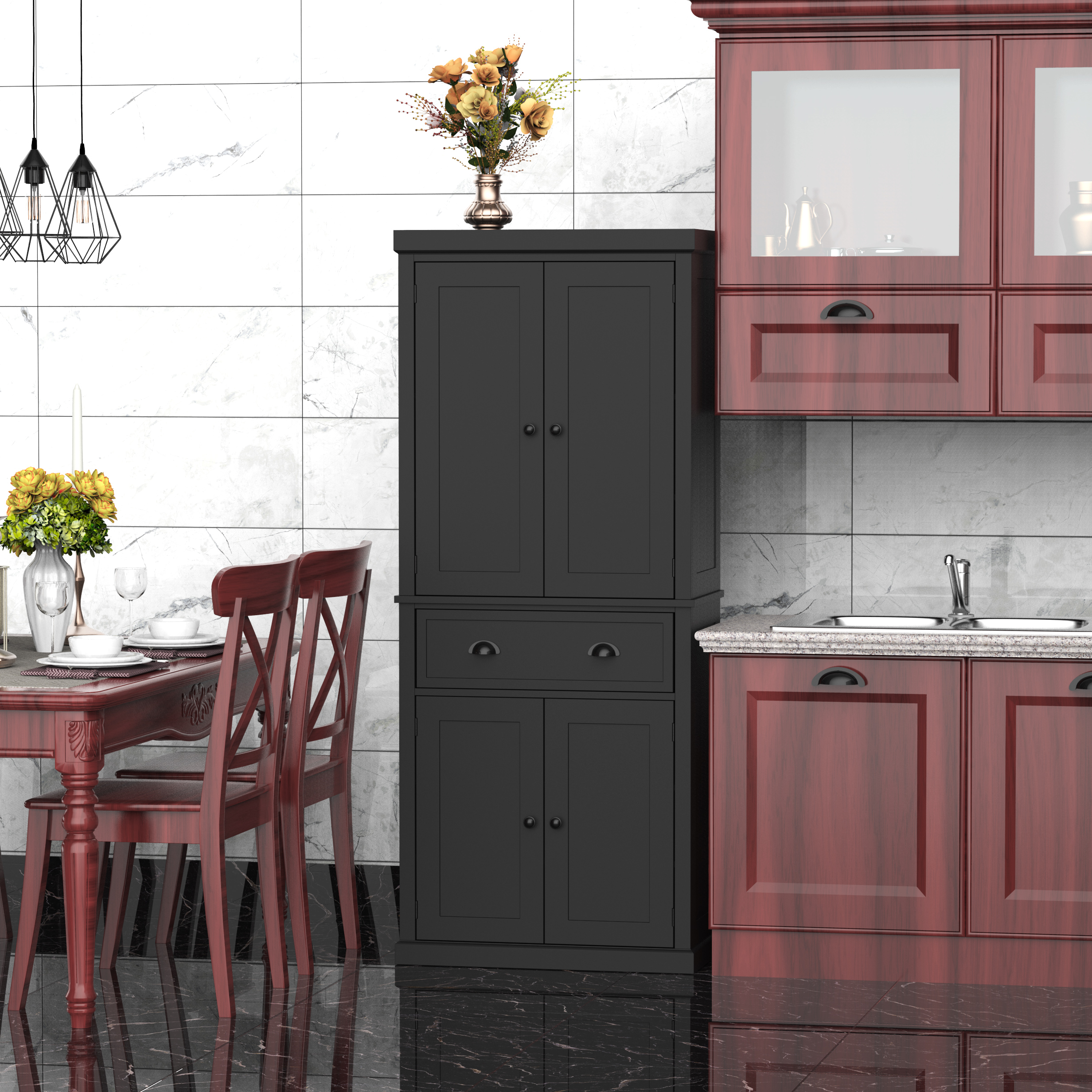 Long Standing Kitchen Cabinet w/ 2 Drawers MDF Board Black - Image 2