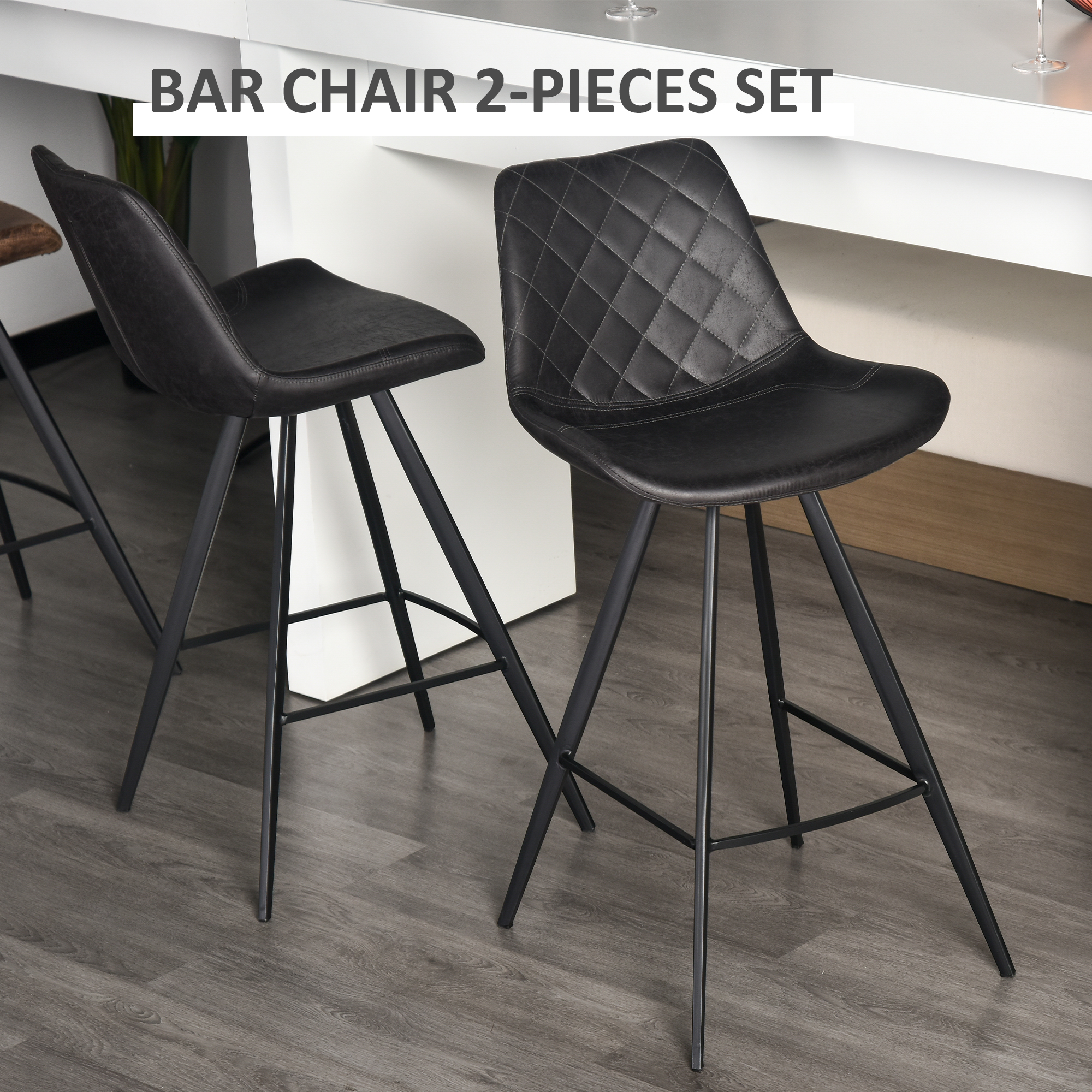 Set of 2 Microfiber Cloth Bar Stools, Multi-functional Kitchen Stools, Bar Chair with Metal Leg Padded Cushion Seat for Dining, Black - Image 2