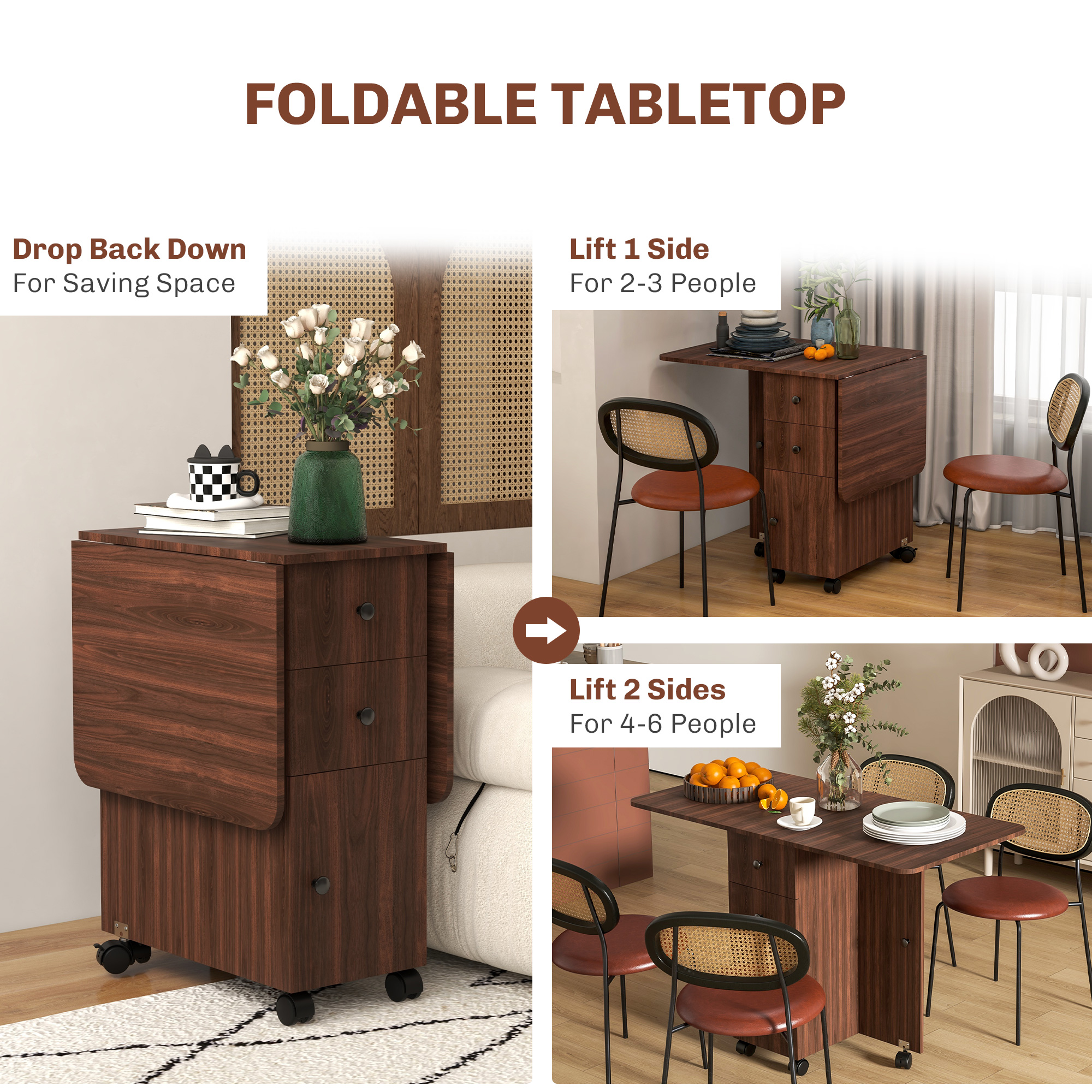 Drop Leaf Dining Table, Mobile Folding Table on Wheels with Drawers and Cabinet for Dining Room, Kitchen, Brown - Image 3