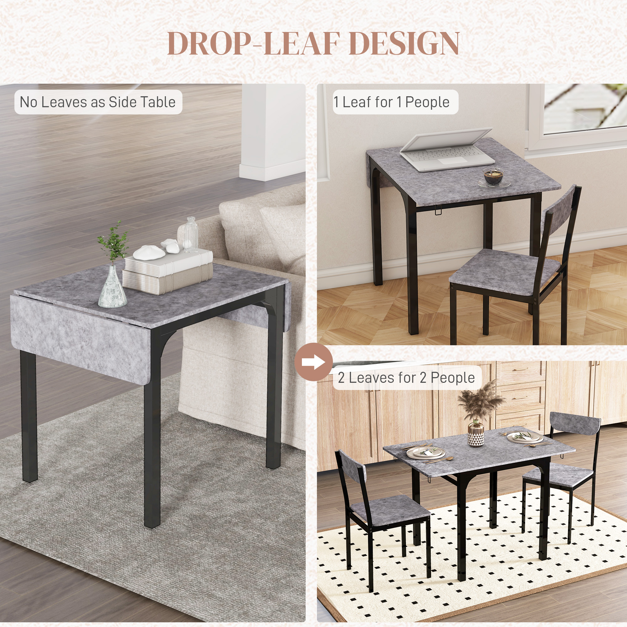 Foldable Dining Table Set for 2, Drop-Leaf Kitchen Table with 2 Chairs for Apartments, Studios, Natural Drop-leaf Dining Table Set Includes 2 Chairs - Image 3