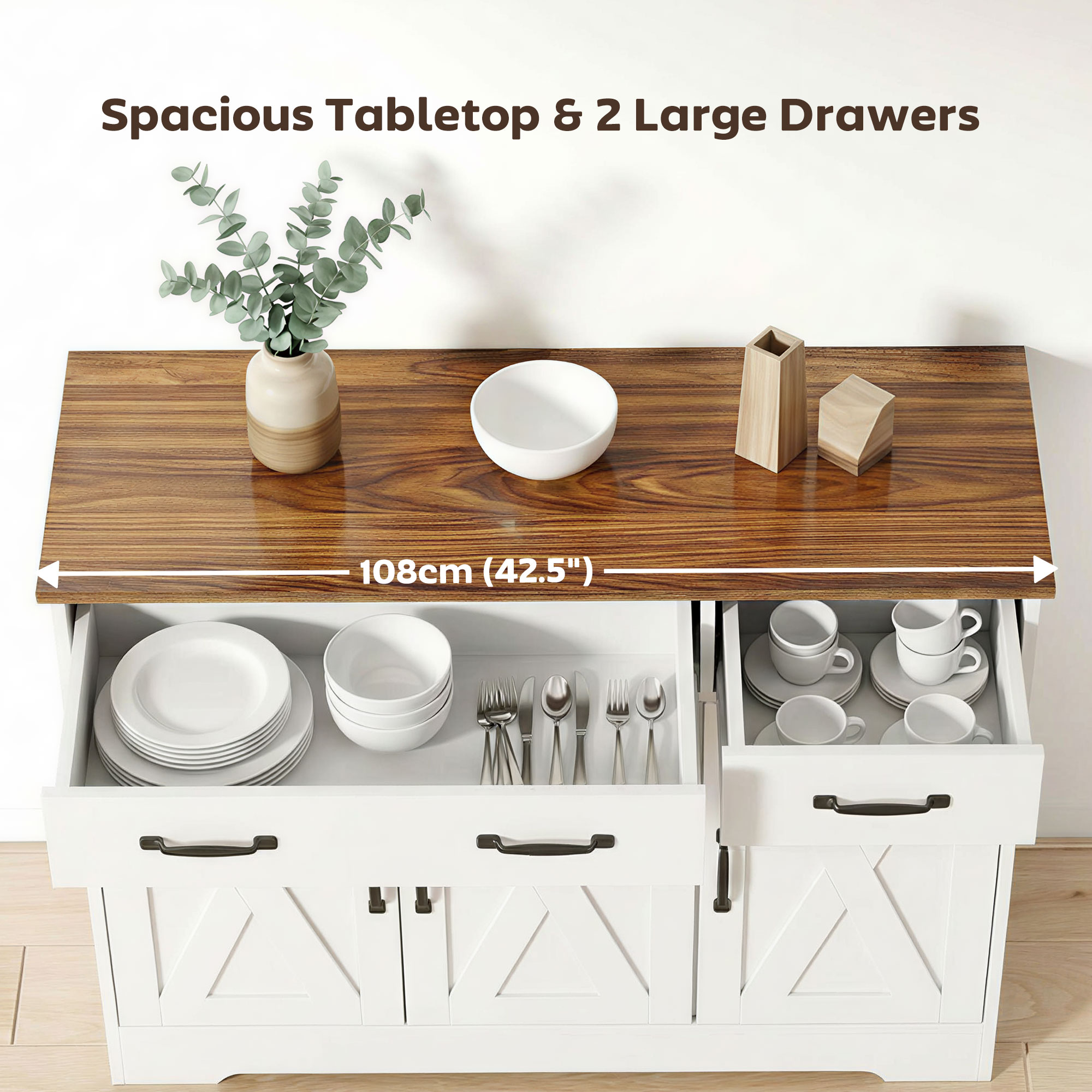 Sideboard Buffet Cabinet, 43" Farmhouse Kitchen Cabinet with 3 Barn Doors, 2 Drawers, 2 Adjustable Shelves, White - Image 3