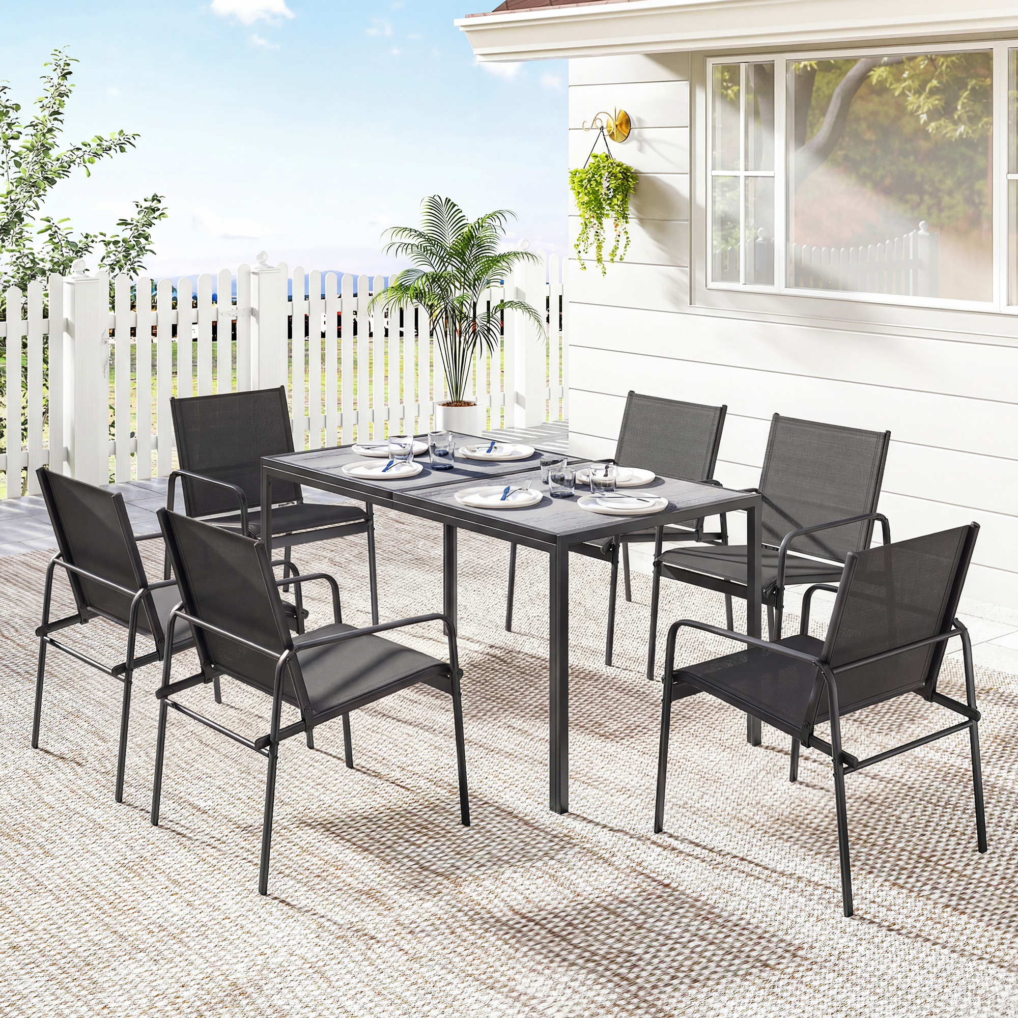 Outdoor Dining Set for 6, Faux Wood Patio Table and Chairs with Breathable Mesh Seat, Galvanized Steel Frame, Black - Image 6