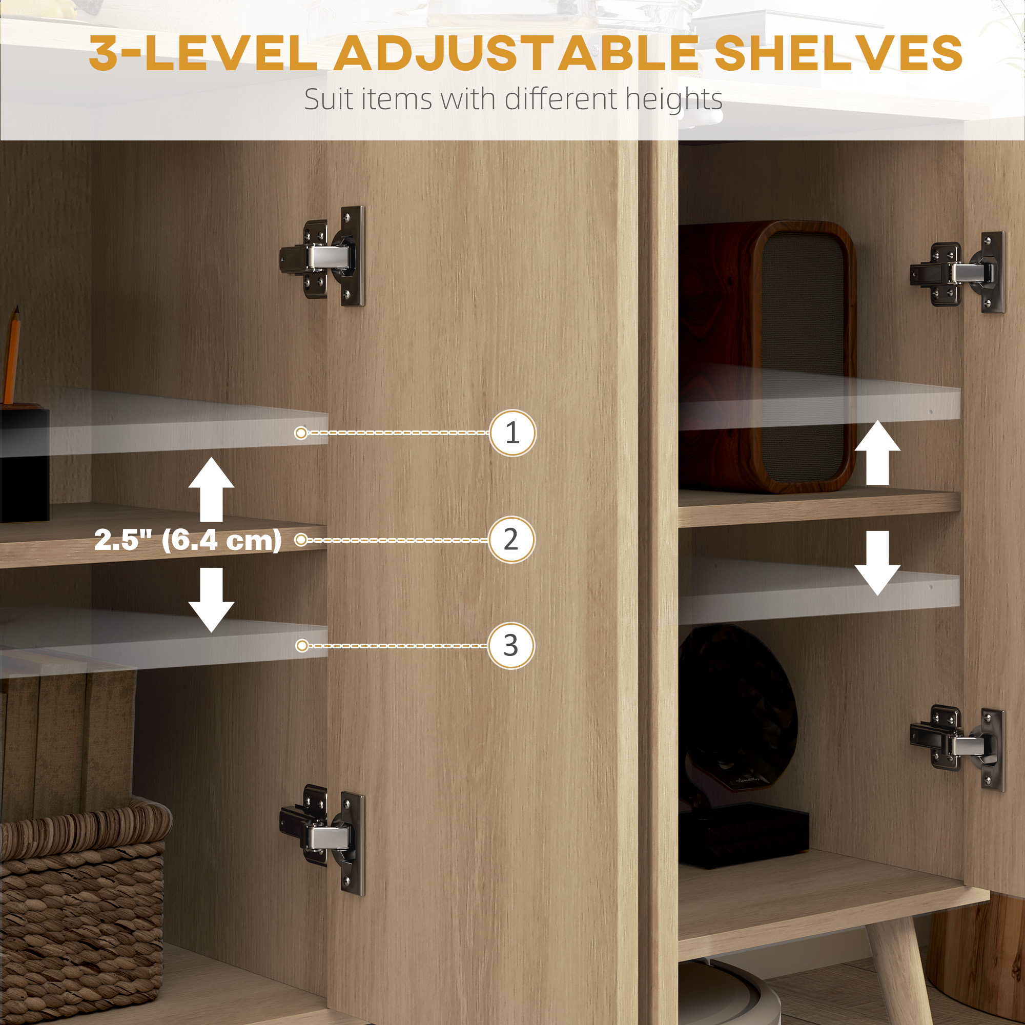 Buffet Cabinet with Storage Modern Fluted Sideboard with Adjustable Shelves Wood Legs for Dining Room Living Room Oak - Image 3