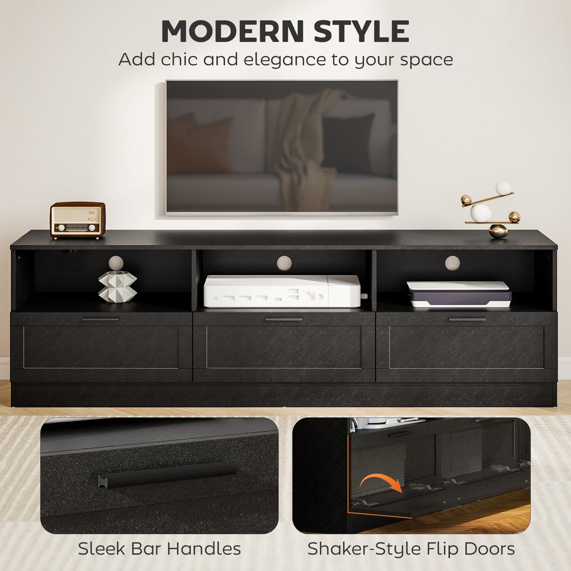TV Stand with Storage, Modern Entertainment Center with 3 Cabinets and 3 Open Shelves, for TVs up to 85", Black - Image 3