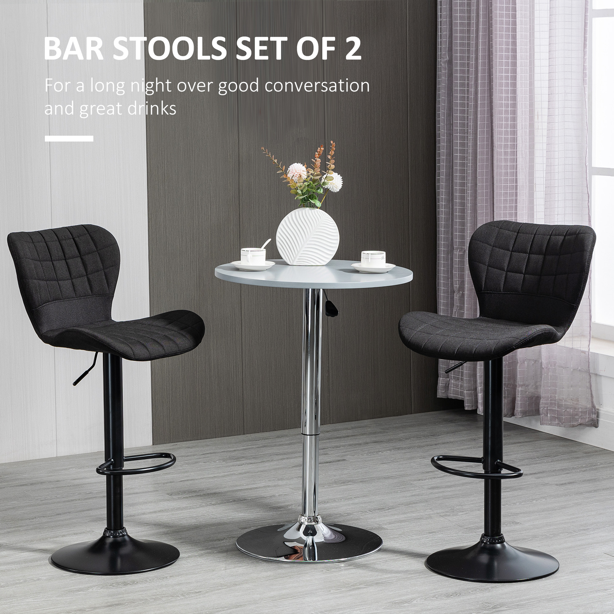 Bar Stools Set of 2, Adjustable Height Swivel Bar Chairs, Linen-feel Fabric Upholstered Kitchen Counter Stools with Wide Seat, Back and Footrest, Black - Image 2