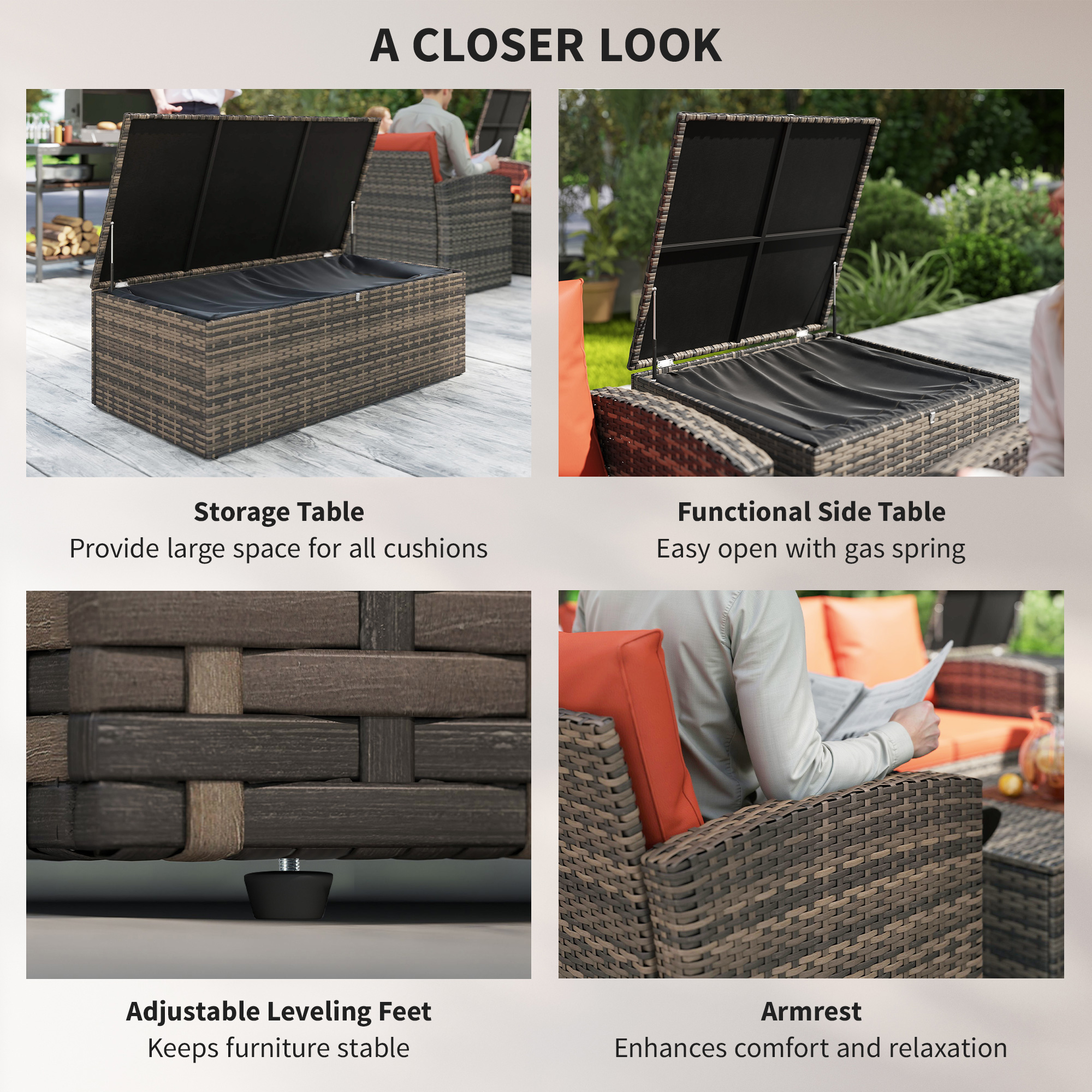 6 Pieces Wicker Patio Furniture Set with Cushions, 7-Seater Rattan Patio Sofa Set with Storage Table, Orange - Image 4