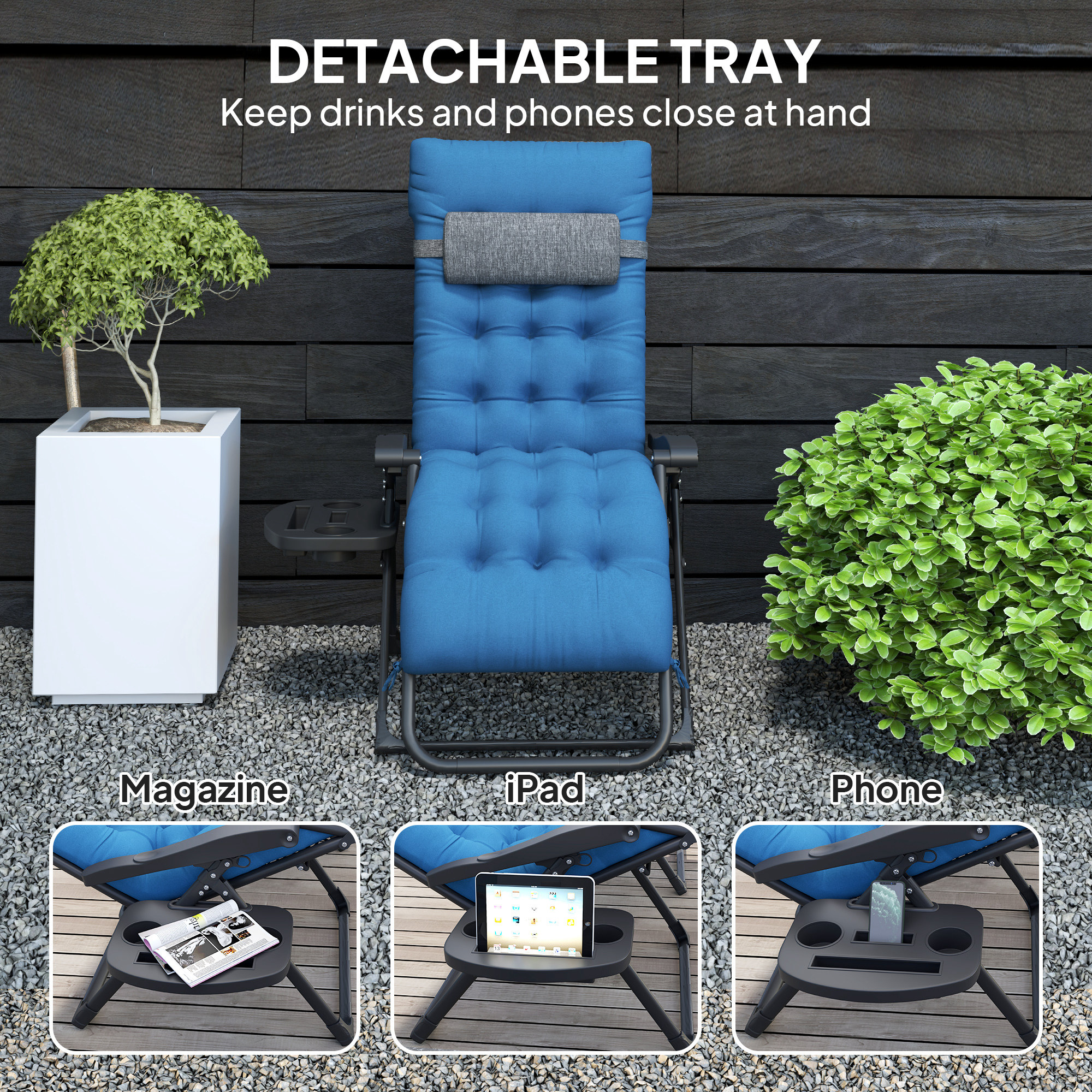 Padded Folding Recliner Chair, Patio Lounger with Cupholder, Adjustable Backrest, Removable Cushion, Navy Blue - Image 4