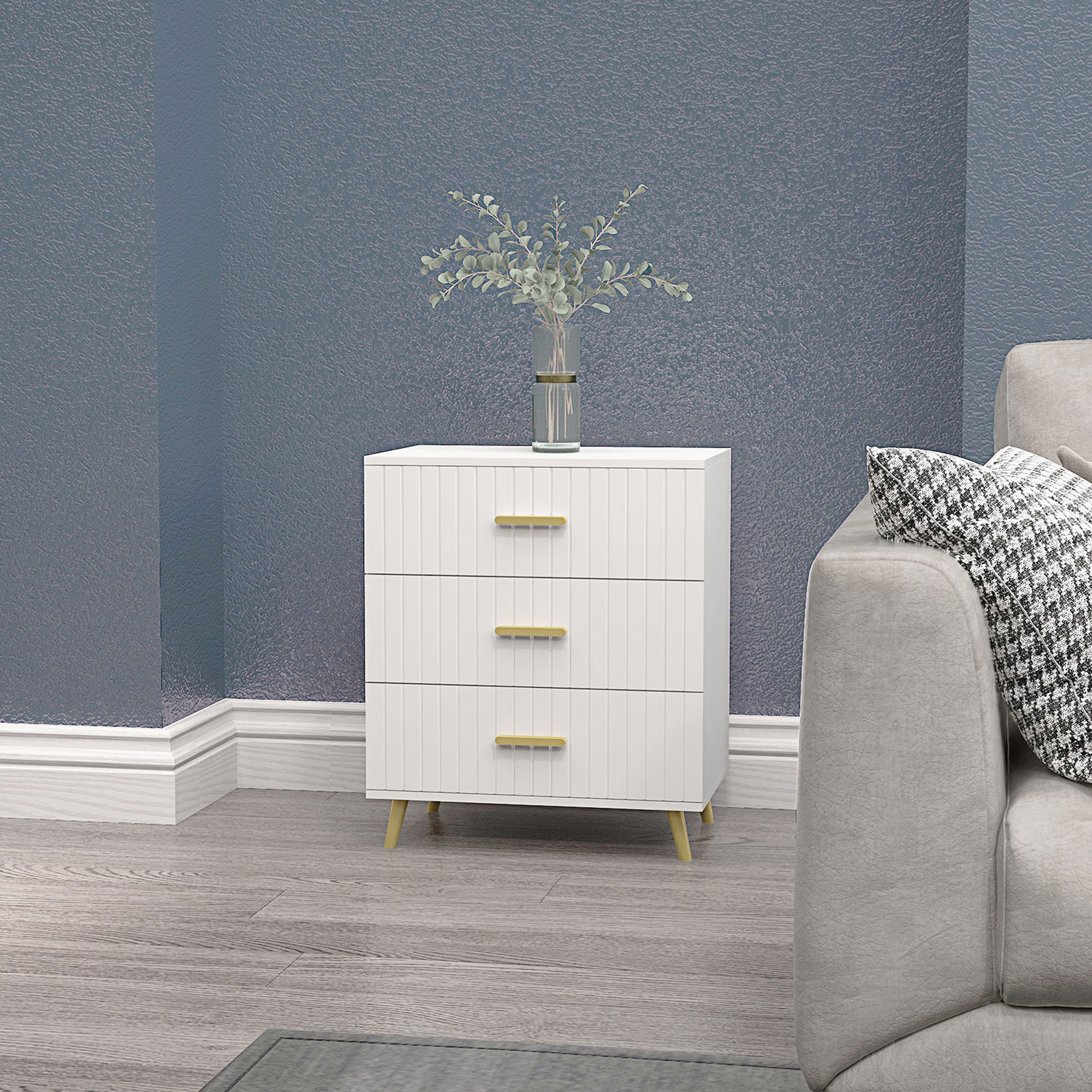 3 Drawer Cabinet, Drawer Chest for Bedroom, Chest of Drawers with Aluminium Legs and Gold Handles, White - Image 6