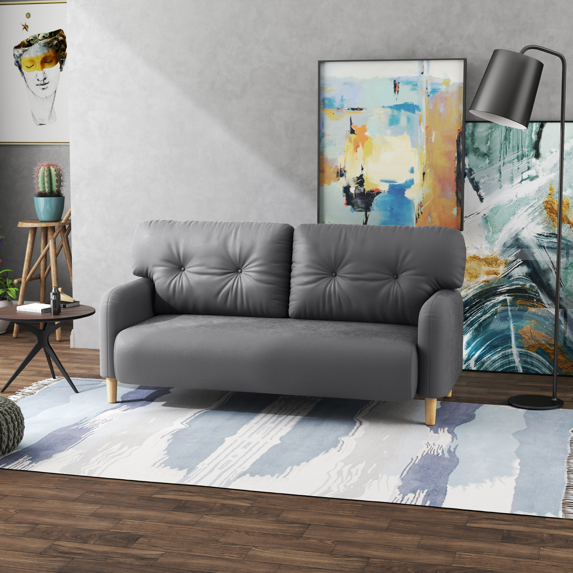 58" 2 Seat Sofa, Modern Love Seats Furniture, Upholstered 2 Seater Couch, Solid Wood Frame, Grey - Image 6