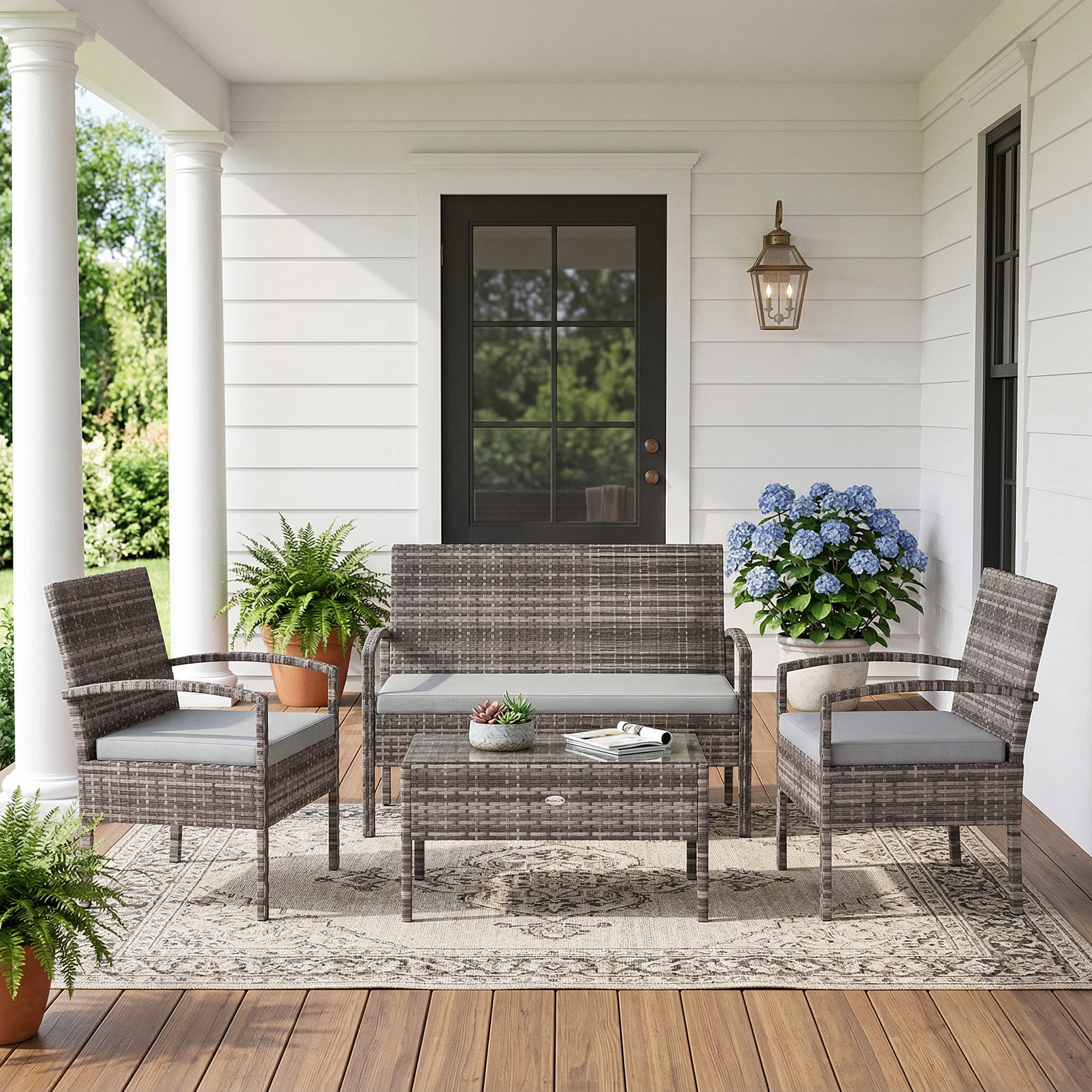 4 Pieces Patio Furniture Set with A Loveseat, Two Armchairs and A Coffee Table, Outdoor Conversation Set, Light Grey - Image 6